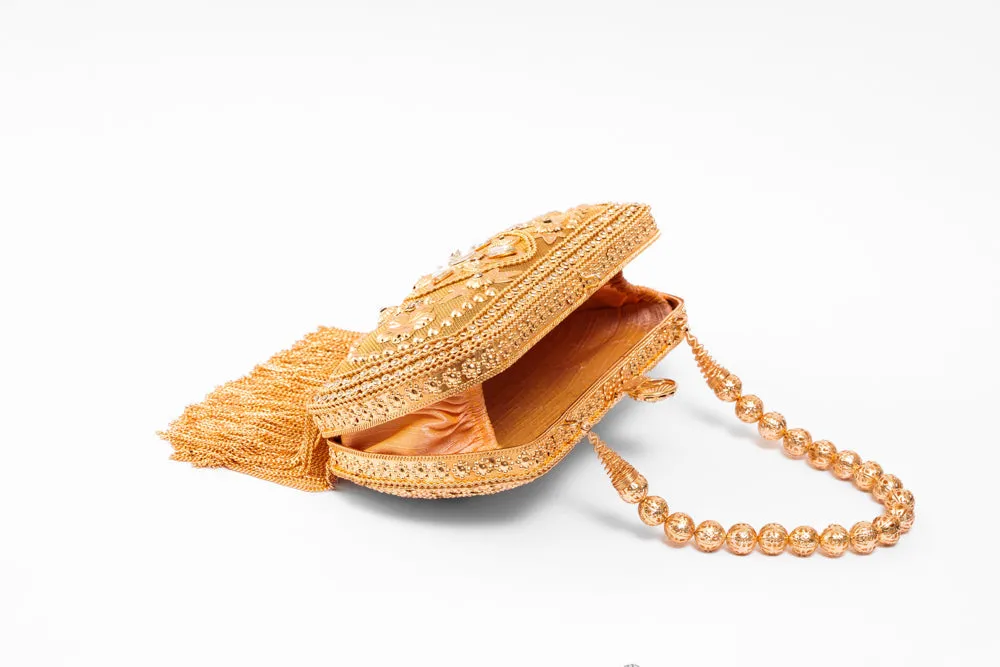 Metal Rectangle Golden Bag with lite acrylic diamond work & Golden tassels - with golden metal ball chain