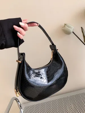 Metallic Snakeskin Embossed Hobo Bag - Black- FD ⚡