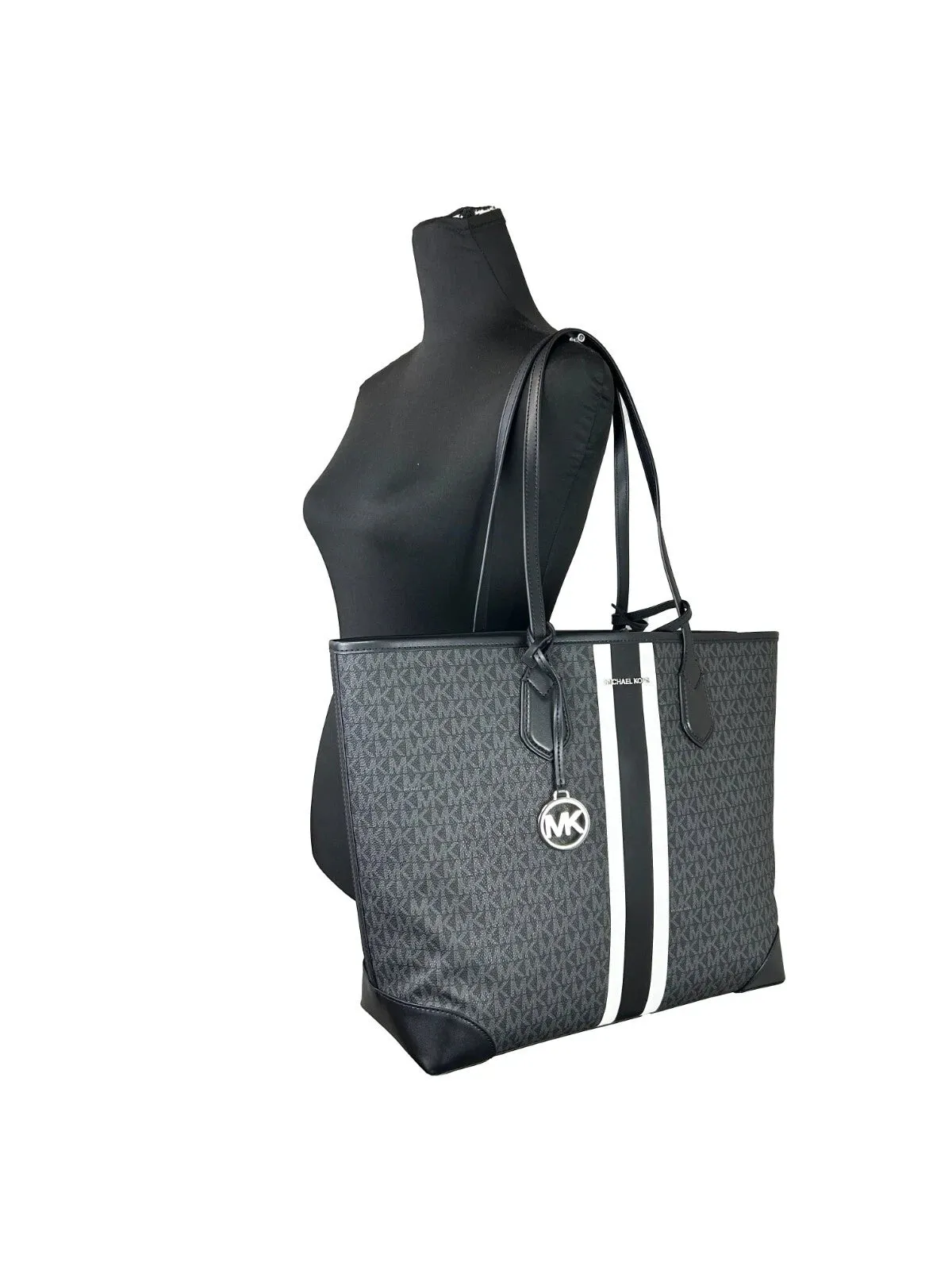 Michael Kors Eva Large Stripe Travel Tote Bag Plus Pouch Black