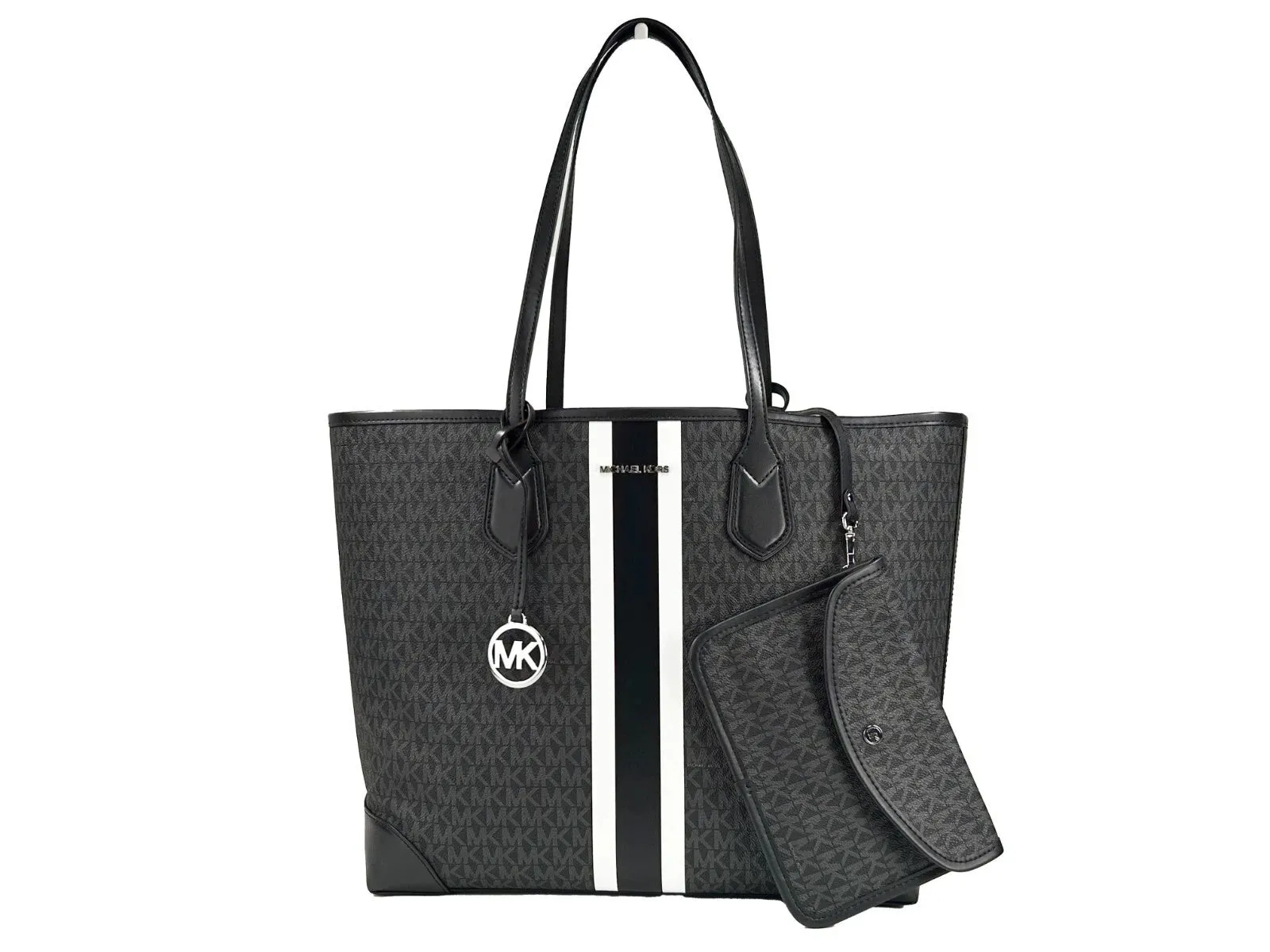 Michael Kors Eva Large Stripe Travel Tote Bag Plus Pouch Black