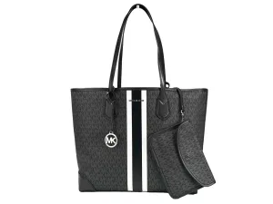 Michael Kors Eva Large Stripe Travel Tote Bag Plus Pouch Black