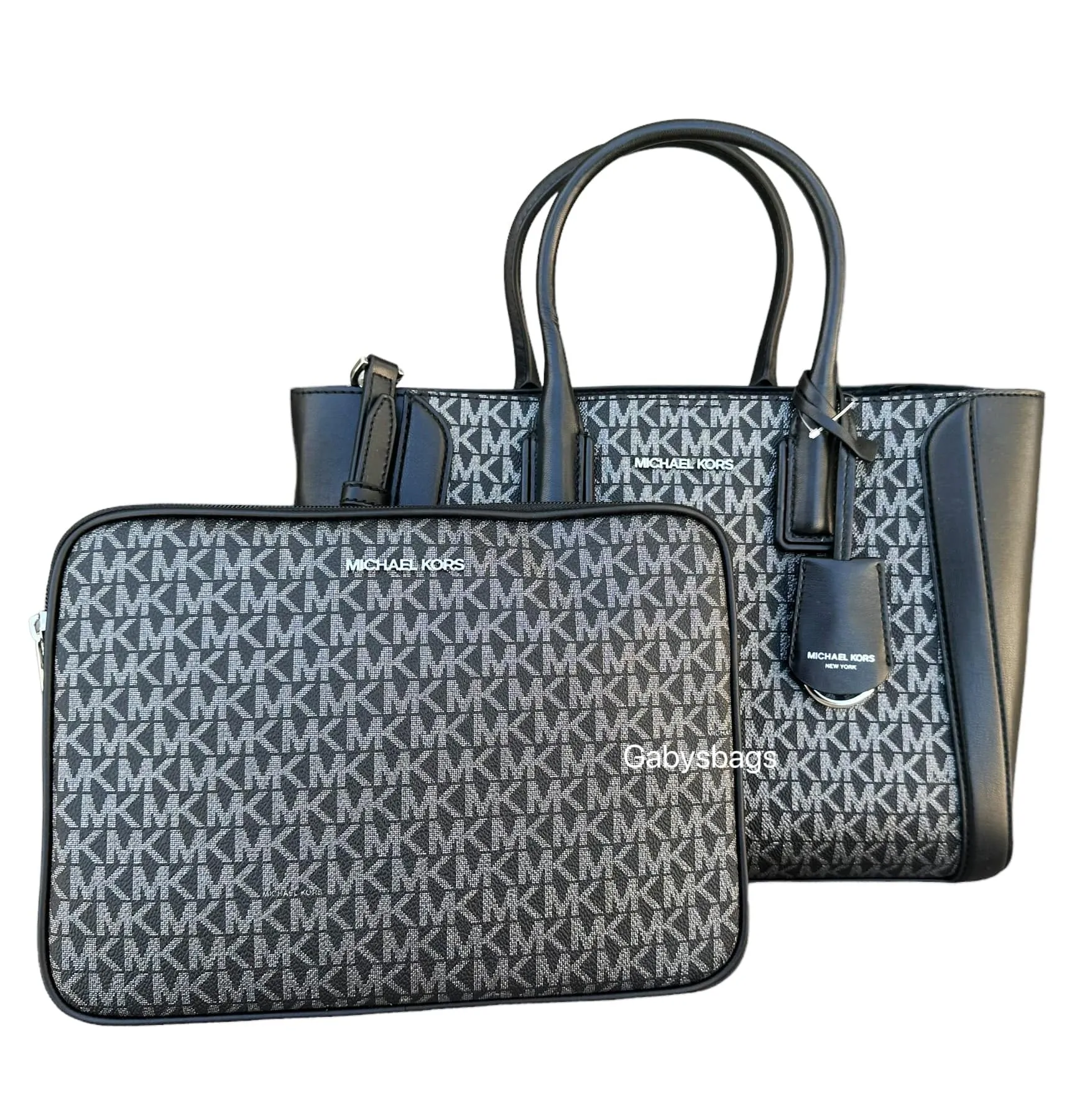 Michael Kors Kali Medium Satchel Crossbody Signature MK   Ipad Case Black Silver