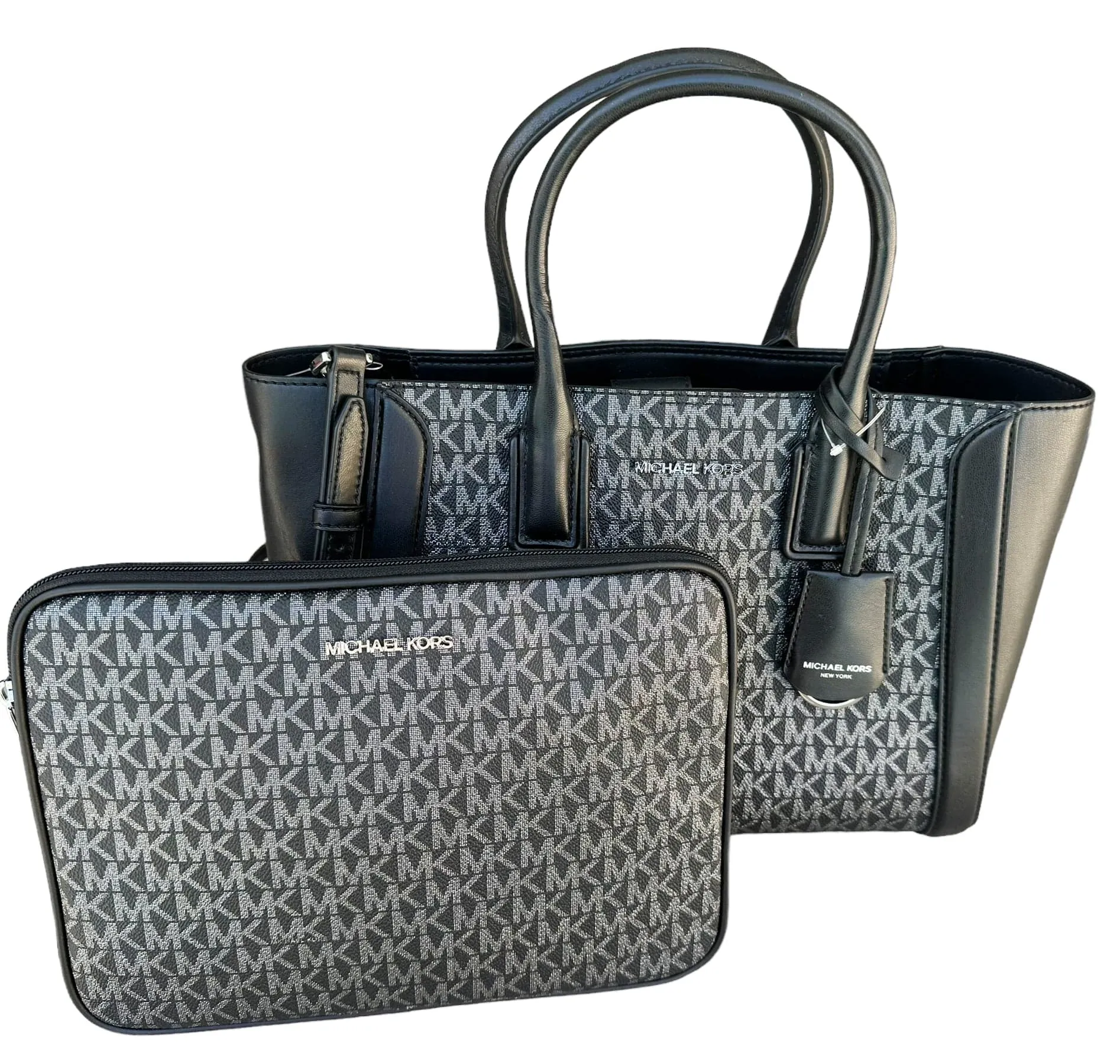 Michael Kors Kali Medium Satchel Crossbody Signature MK   Ipad Case Black Silver
