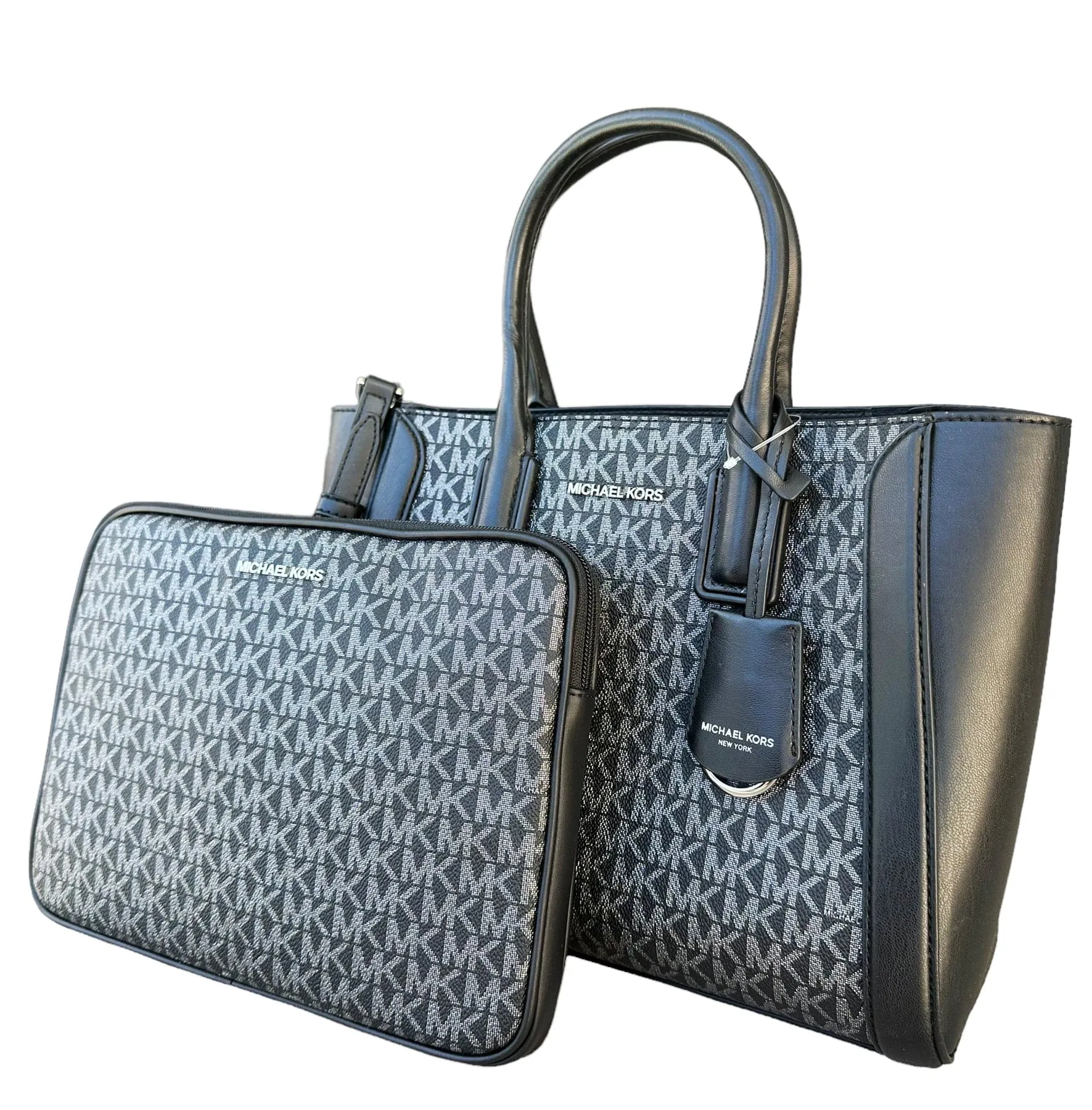 Michael Kors Kali Medium Satchel Crossbody Signature MK   Ipad Case Black Silver