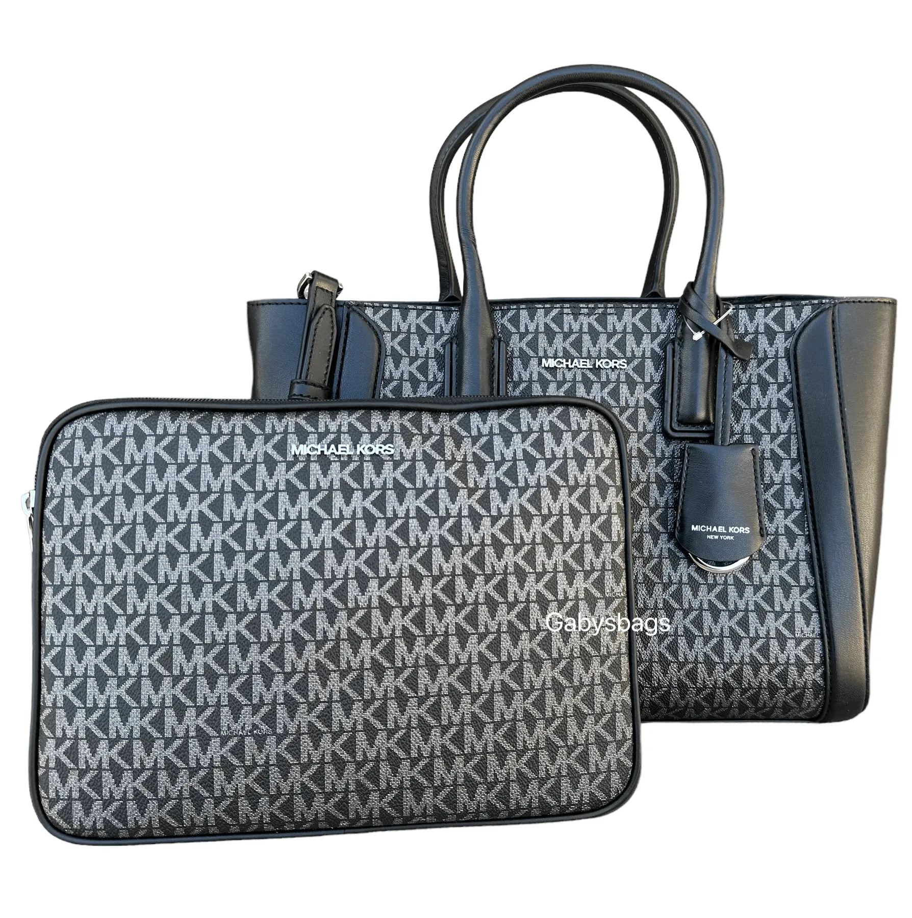 Michael Kors Kali Medium Satchel Crossbody Signature MK   Ipad Case Black Silver