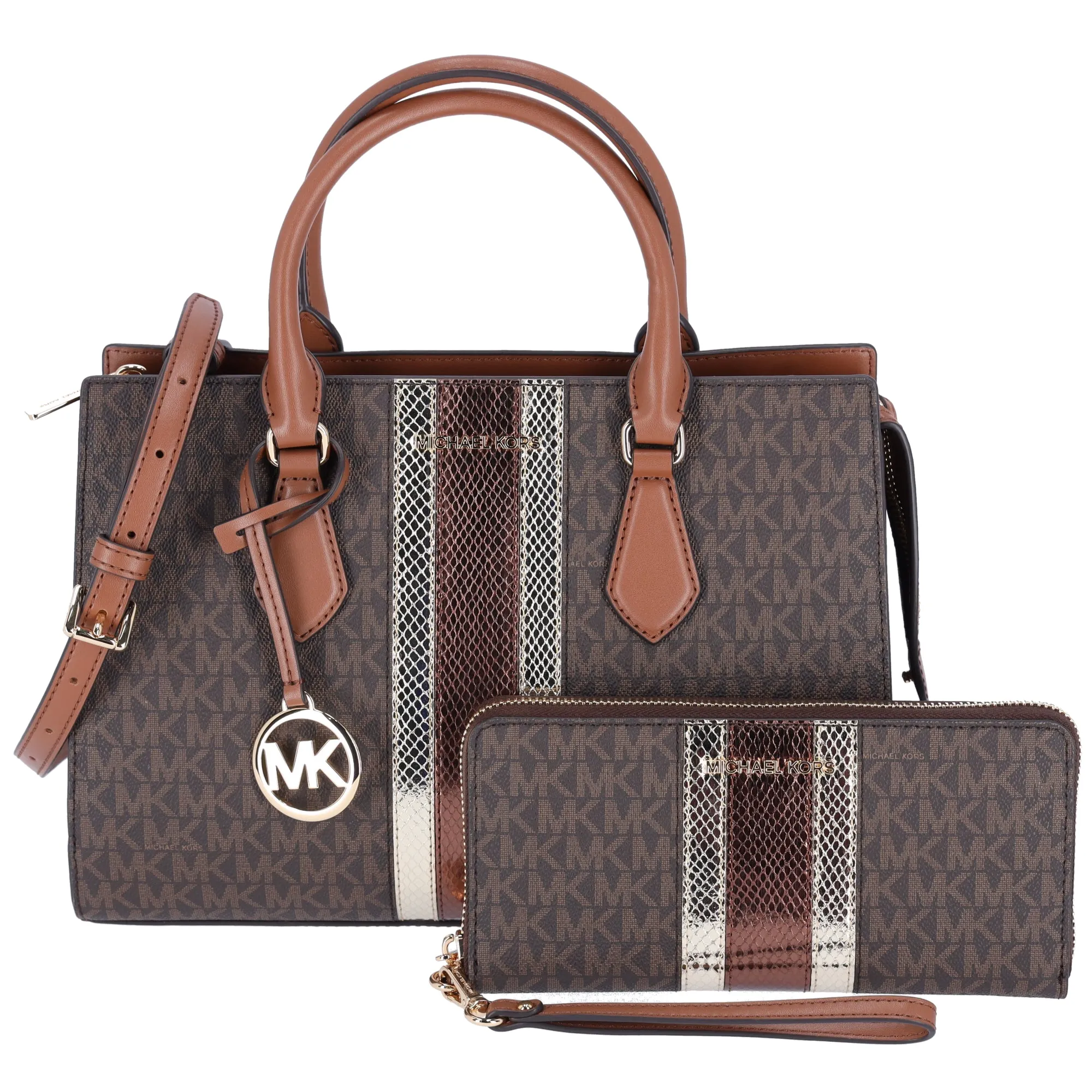 Michael Kors Sheila Medium Signature MK Metallic Satchel Brown Gold   Wallet