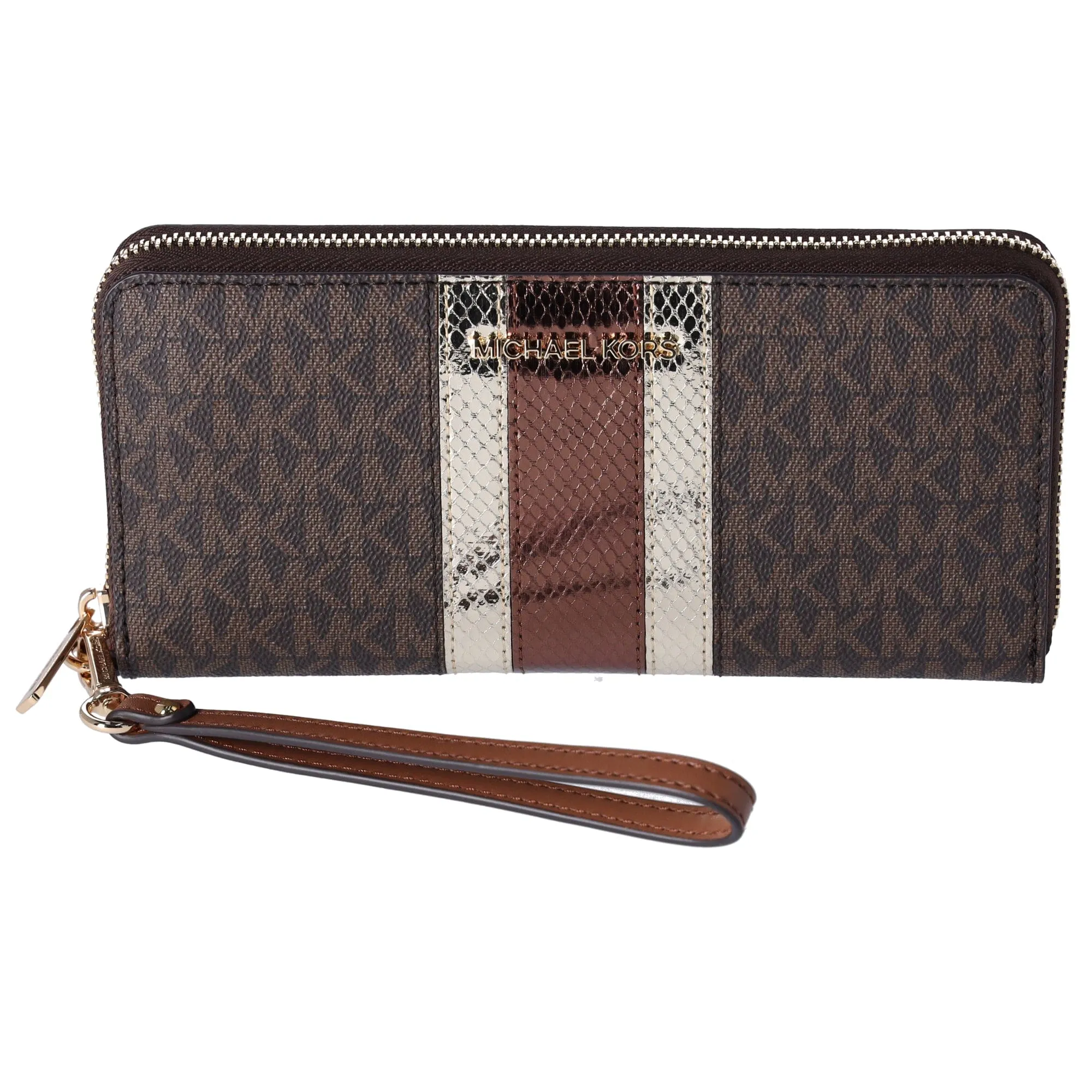 Michael Kors Sheila Medium Signature MK Metallic Satchel Brown Gold   Wallet