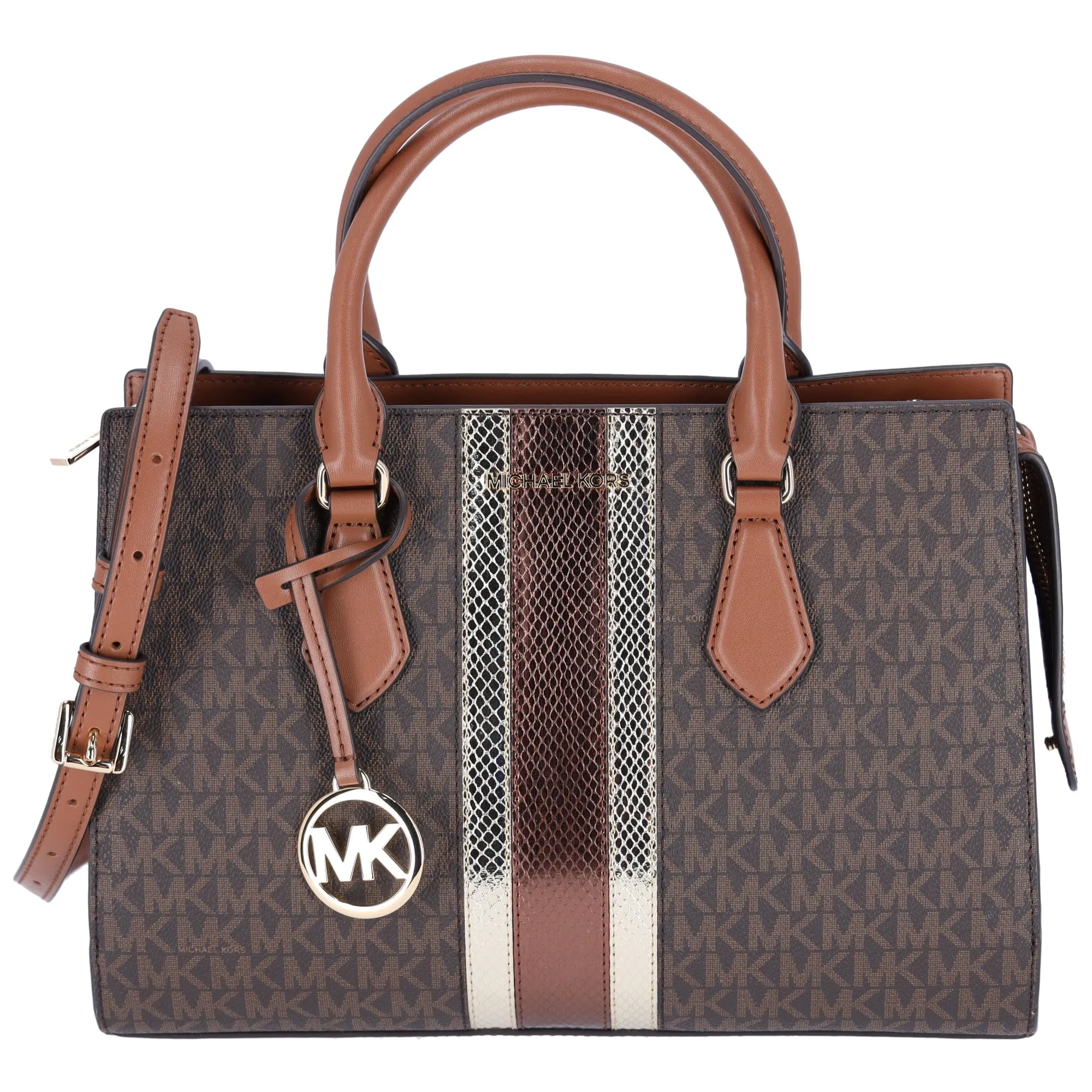 Michael Kors Sheila Medium Signature MK Metallic Satchel Brown Gold   Wallet