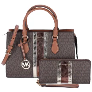 Michael Kors Sheila Medium Signature MK Metallic Satchel Brown Gold   Wallet
