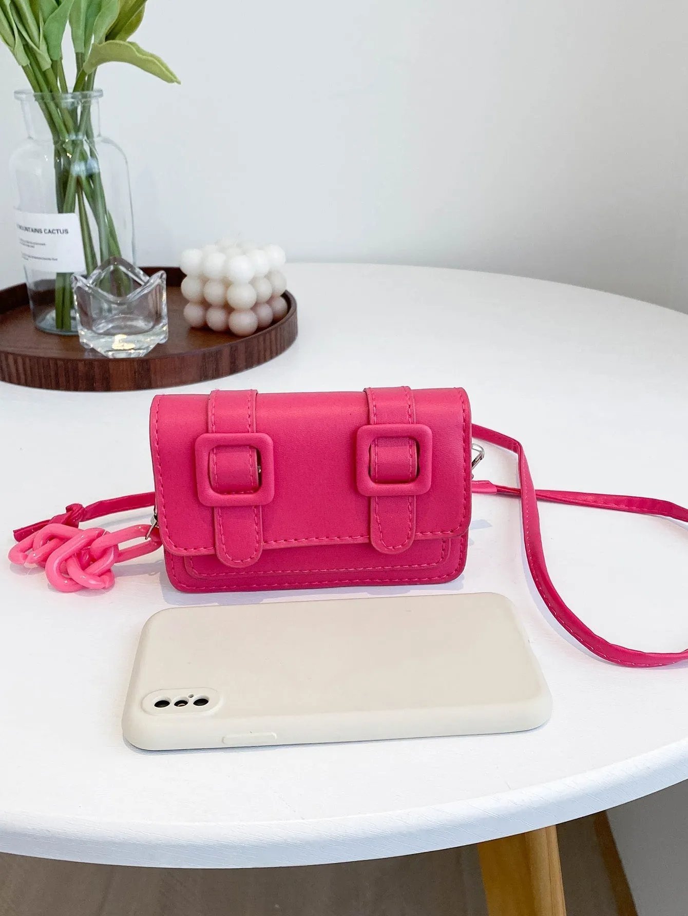 Mini Buckle Detail Stitch Detail Square Bag - Hot Pink