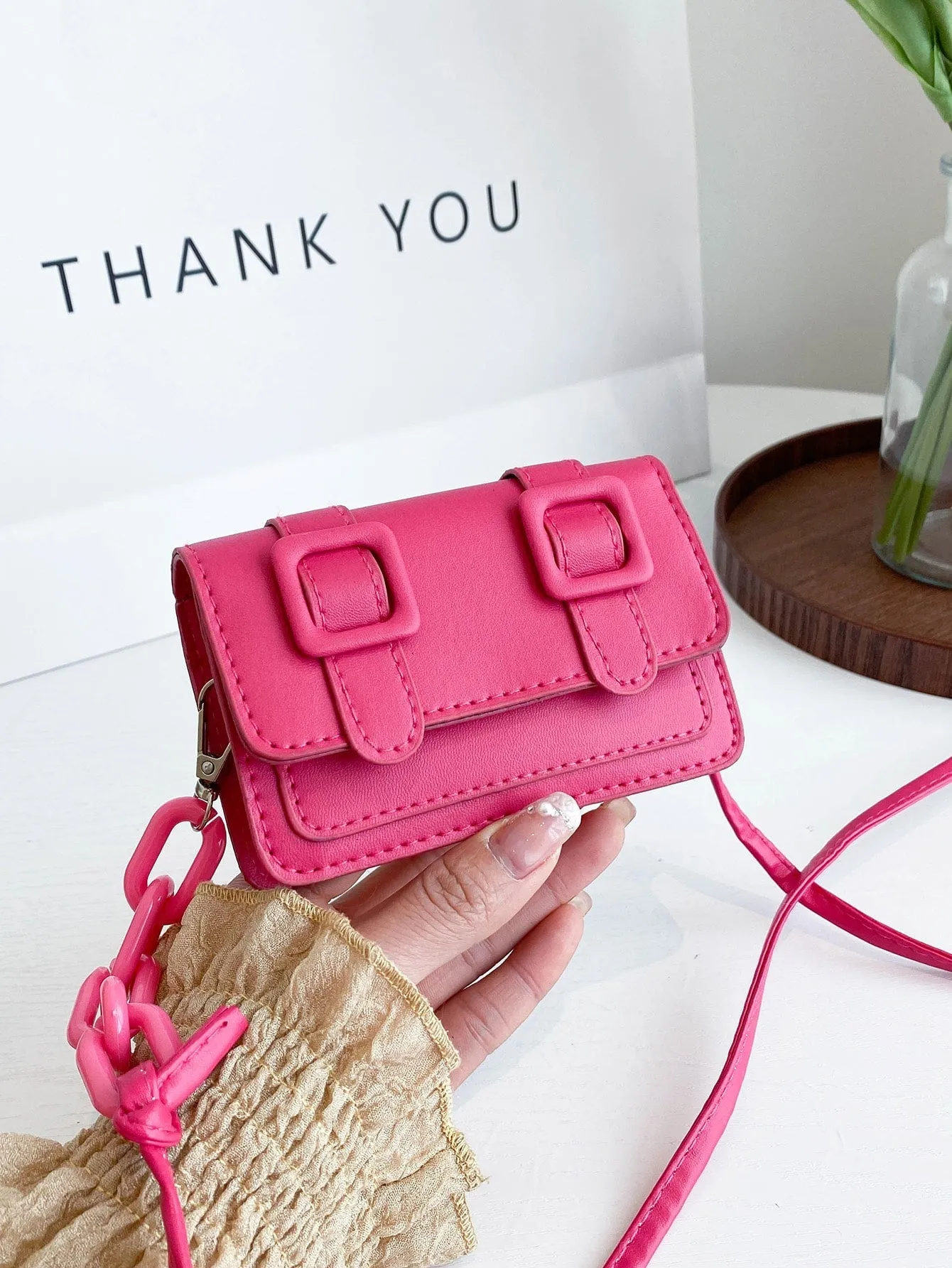 Mini Buckle Detail Stitch Detail Square Bag - Hot Pink