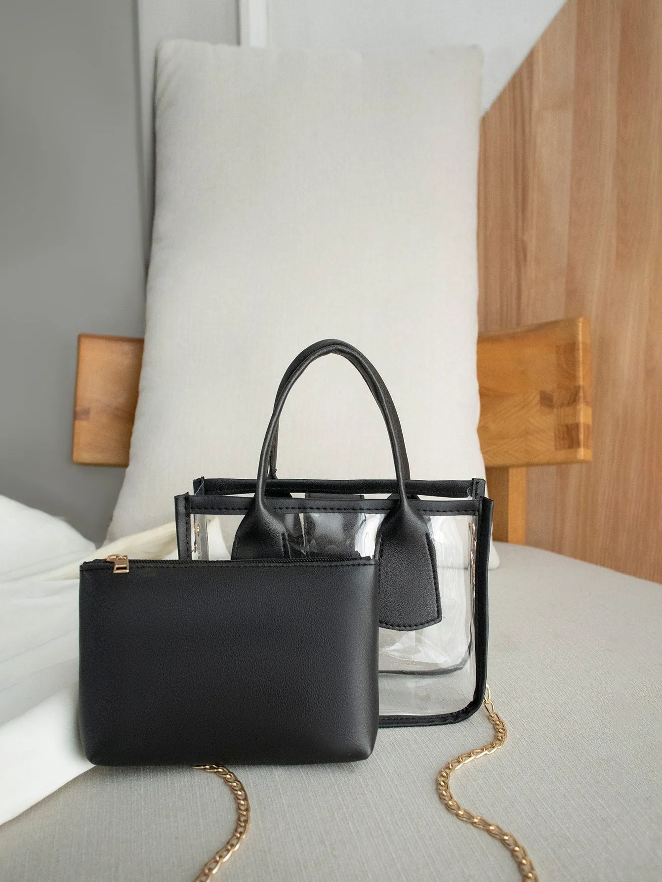 Mini Chain Square Bag With Inner Pouch - Black- FD ⚡