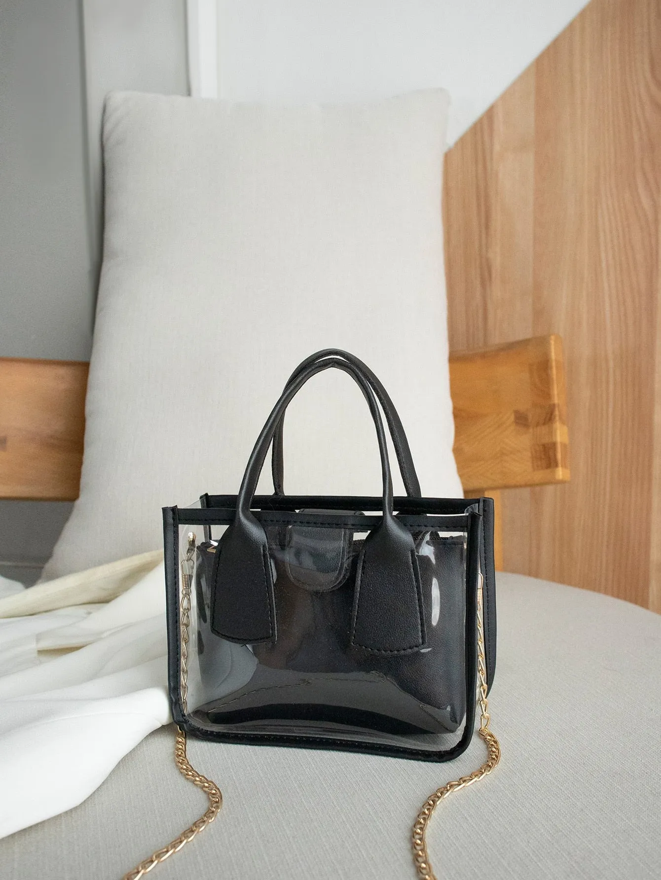 Mini Chain Square Bag With Inner Pouch - Black- FD ⚡