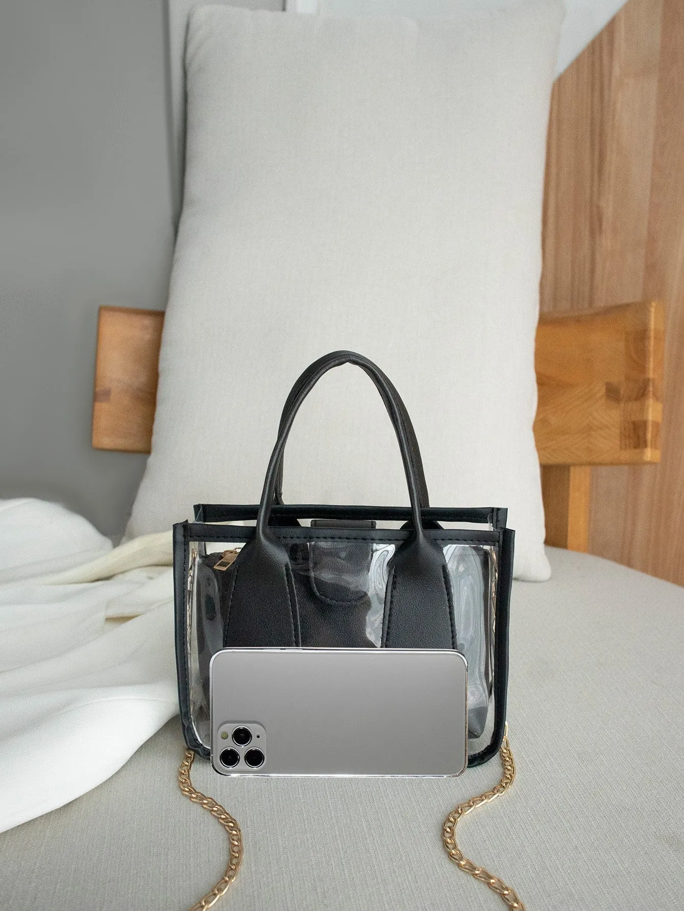 Mini Chain Square Bag With Inner Pouch - Black- FD ⚡