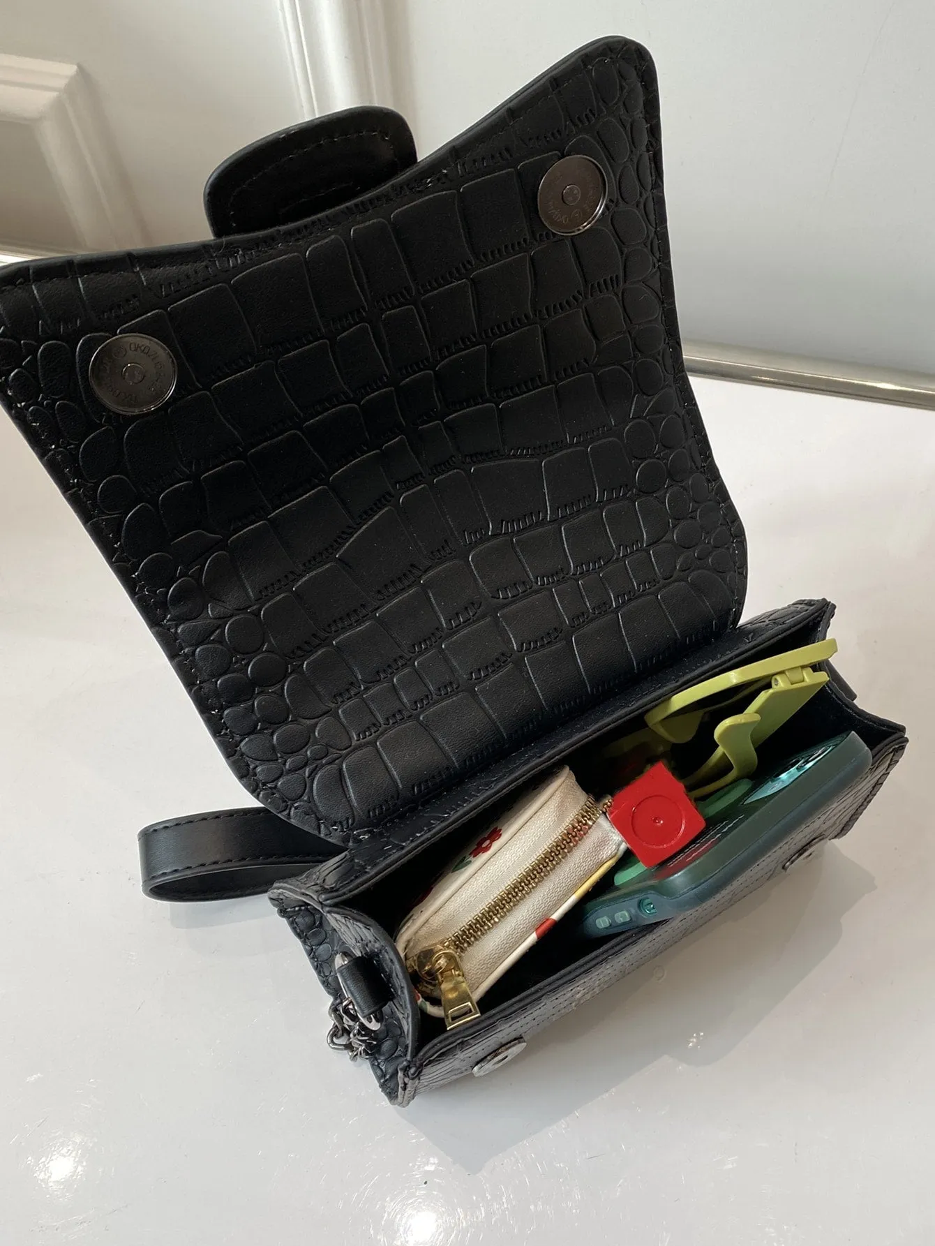 Mini Crocodile Embossed Flap Square Bag - Black- FD ⚡