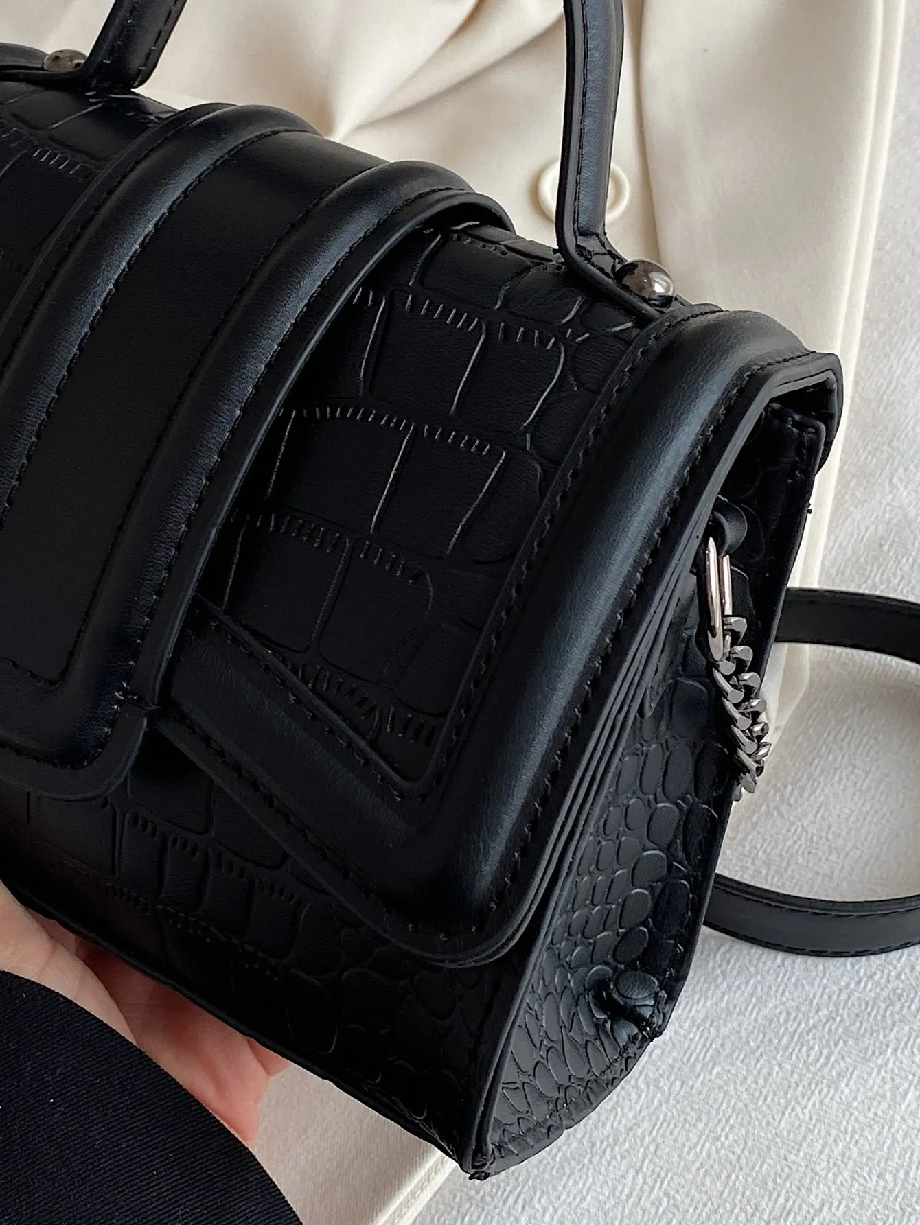 Mini Crocodile Embossed Flap Square Bag - Black- FD ⚡