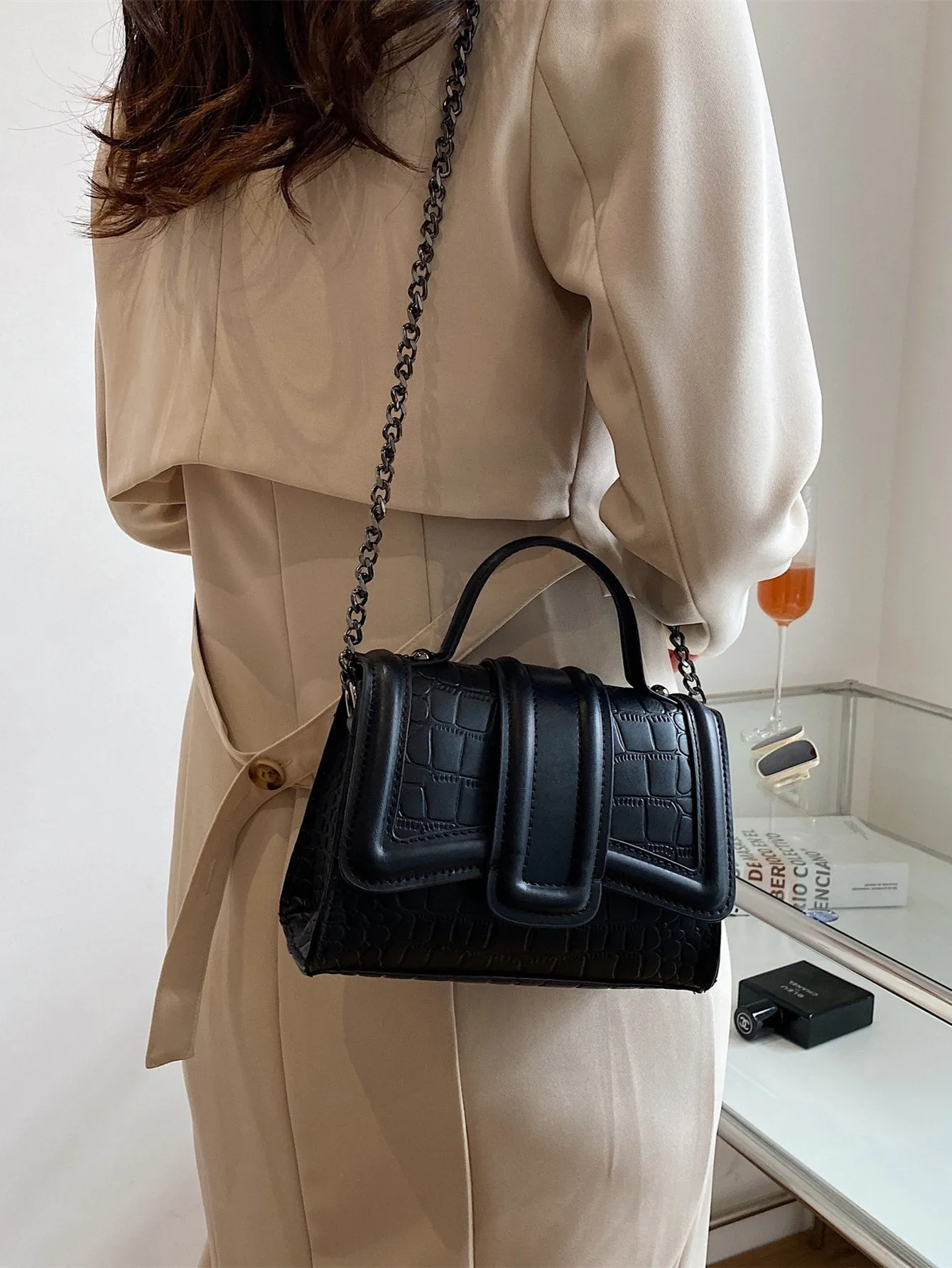 Mini Crocodile Embossed Flap Square Bag - Black- FD ⚡