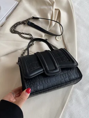 Mini Crocodile Embossed Flap Square Bag - Black- FD ⚡
