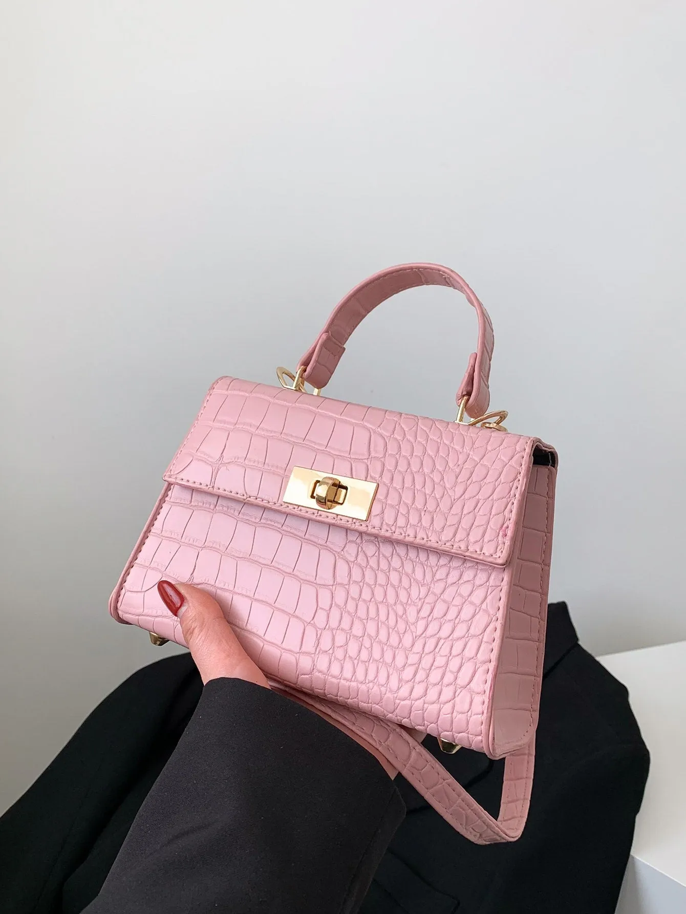 Mini Crocodile Embossed Twist Lock Flap Square Bag - Pink