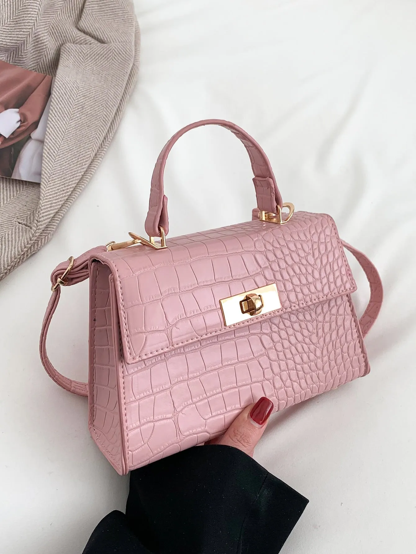 Mini Crocodile Embossed Twist Lock Flap Square Bag - Pink