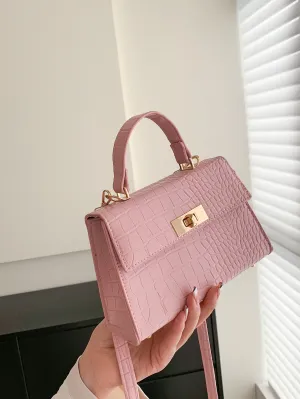 Mini Crocodile Embossed Twist Lock Flap Square Bag - Pink