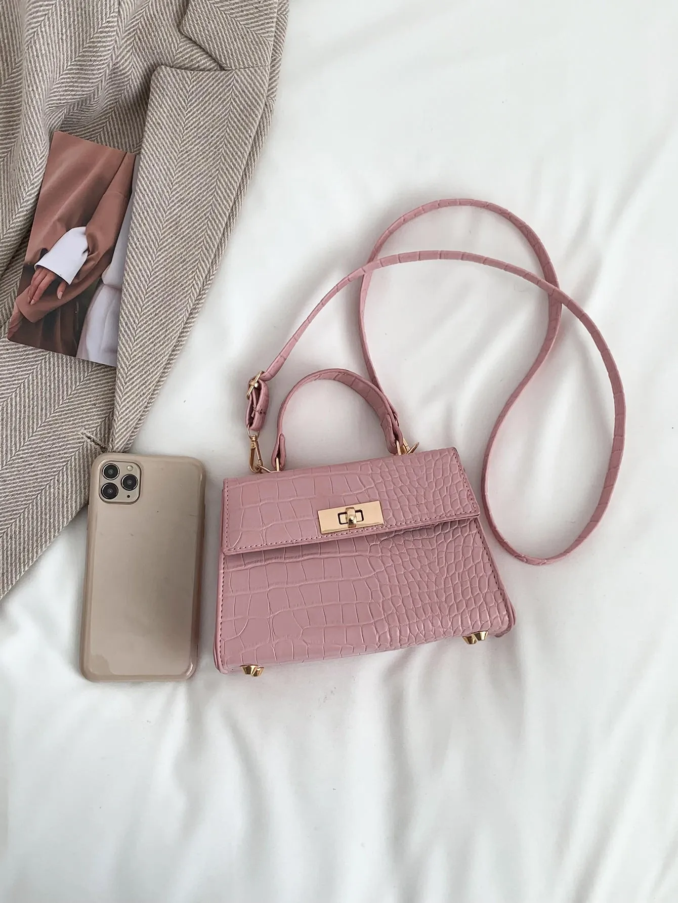 Mini Crocodile Embossed Twist Lock Flap Square Bag - Pink