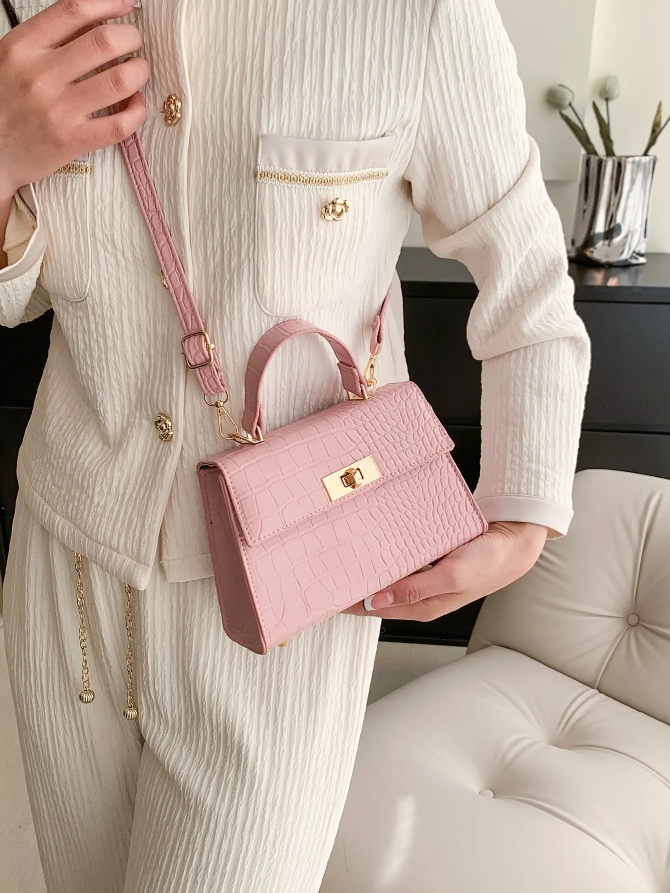 Mini Crocodile Embossed Twist Lock Flap Square Bag - Pink