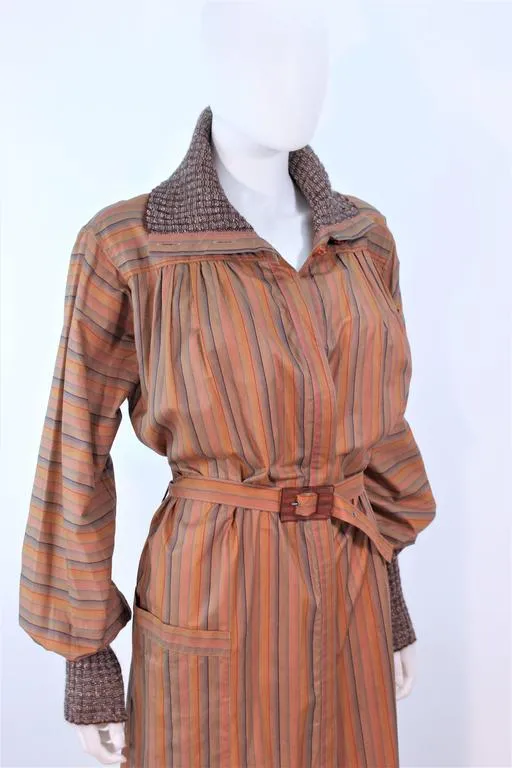 MISSONI Khaki Striped Coat with Knit Trim Size 10