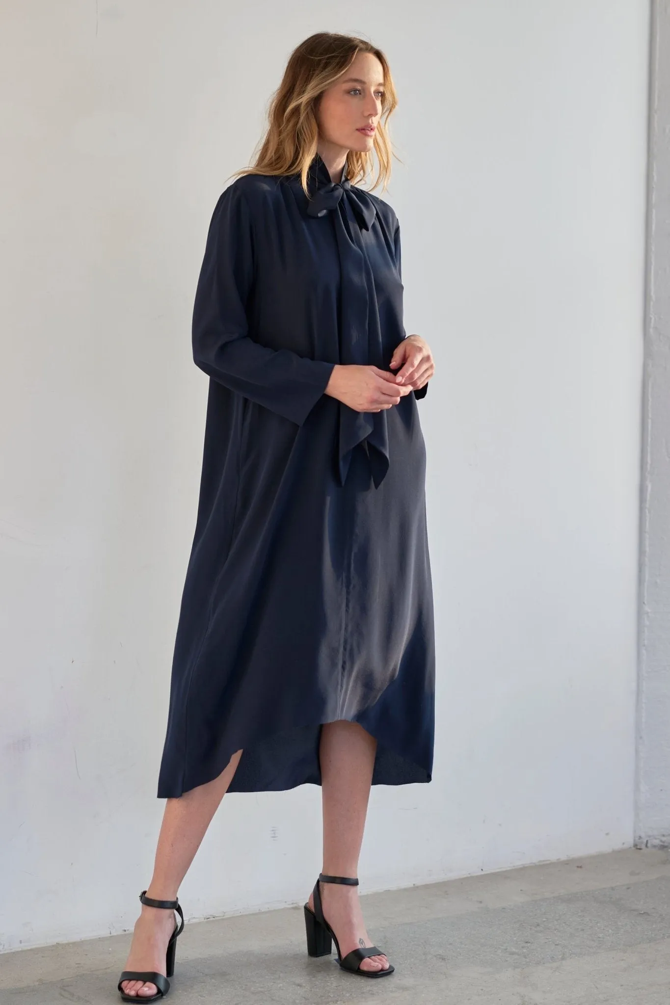 Navy Scarf Neck Silk Dress
