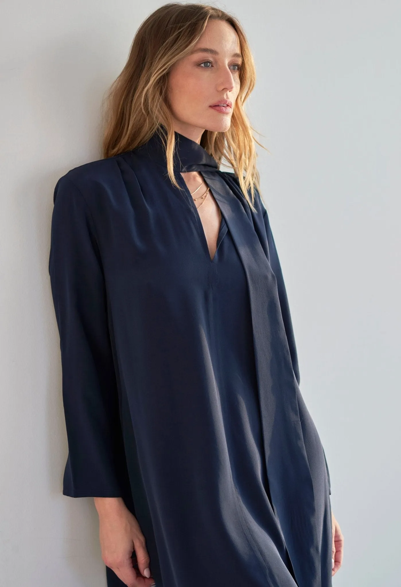 Navy Scarf Neck Silk Dress