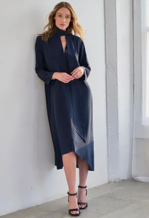 Navy Scarf Neck Silk Dress