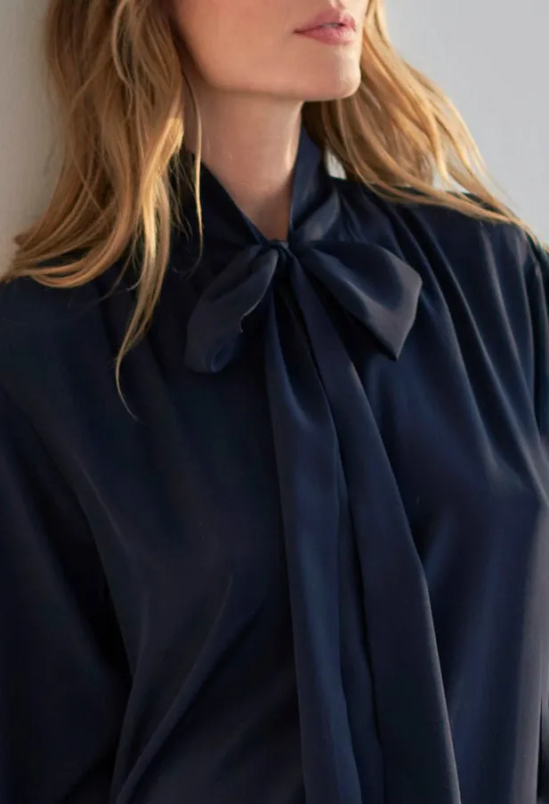 Navy Scarf Neck Silk Dress