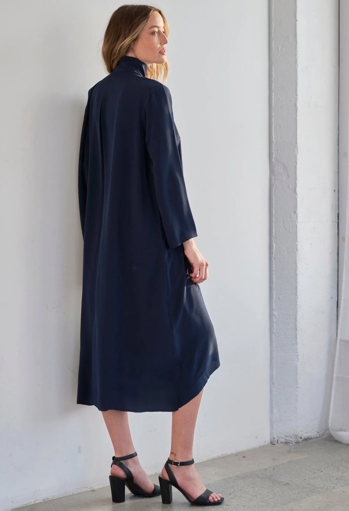 Navy Scarf Neck Silk Dress