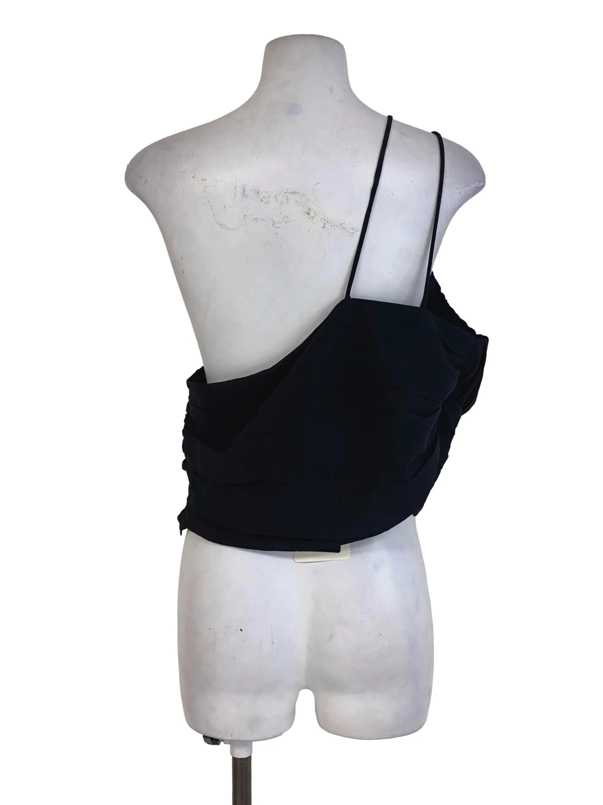 One Shoulder Black Textured Pleated Crop Top