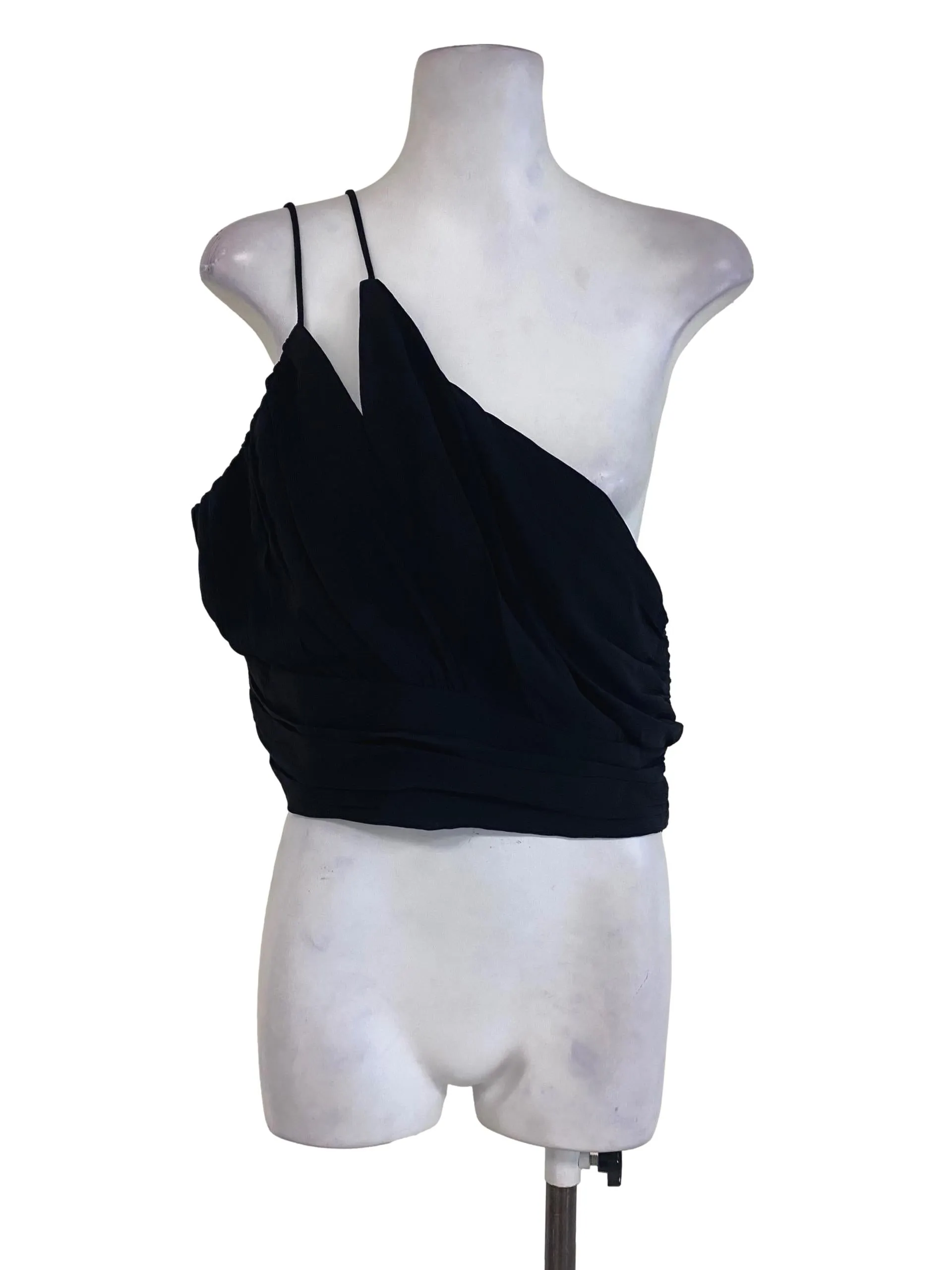 One Shoulder Black Textured Pleated Crop Top