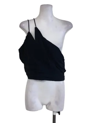 One Shoulder Black Textured Pleated Crop Top