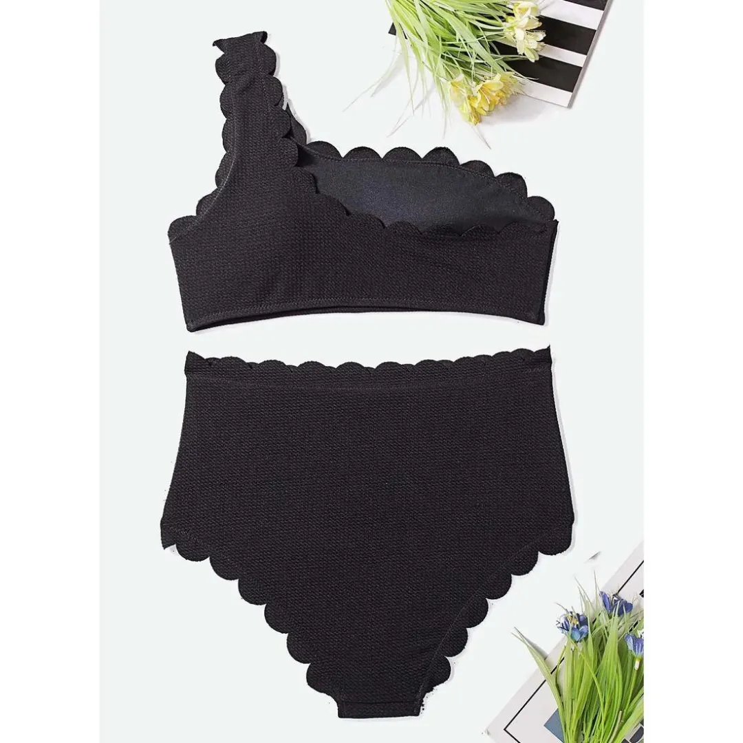 One Shoulder Scalloped High Waisted Bikini