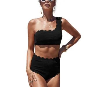 One Shoulder Scalloped High Waisted Bikini