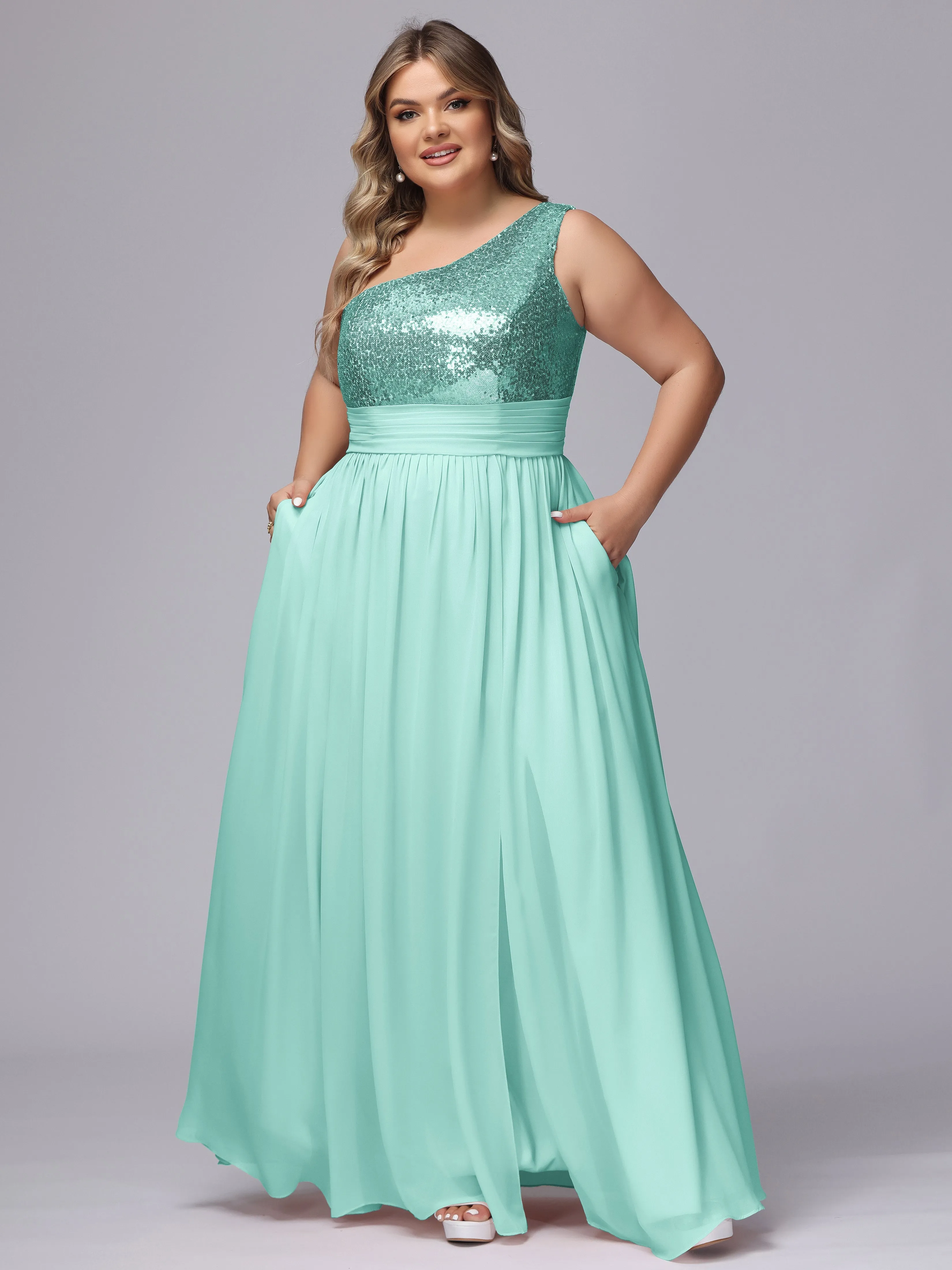One-Shoulder Sequins Plus Size Bridesmaid Dress with Pockets