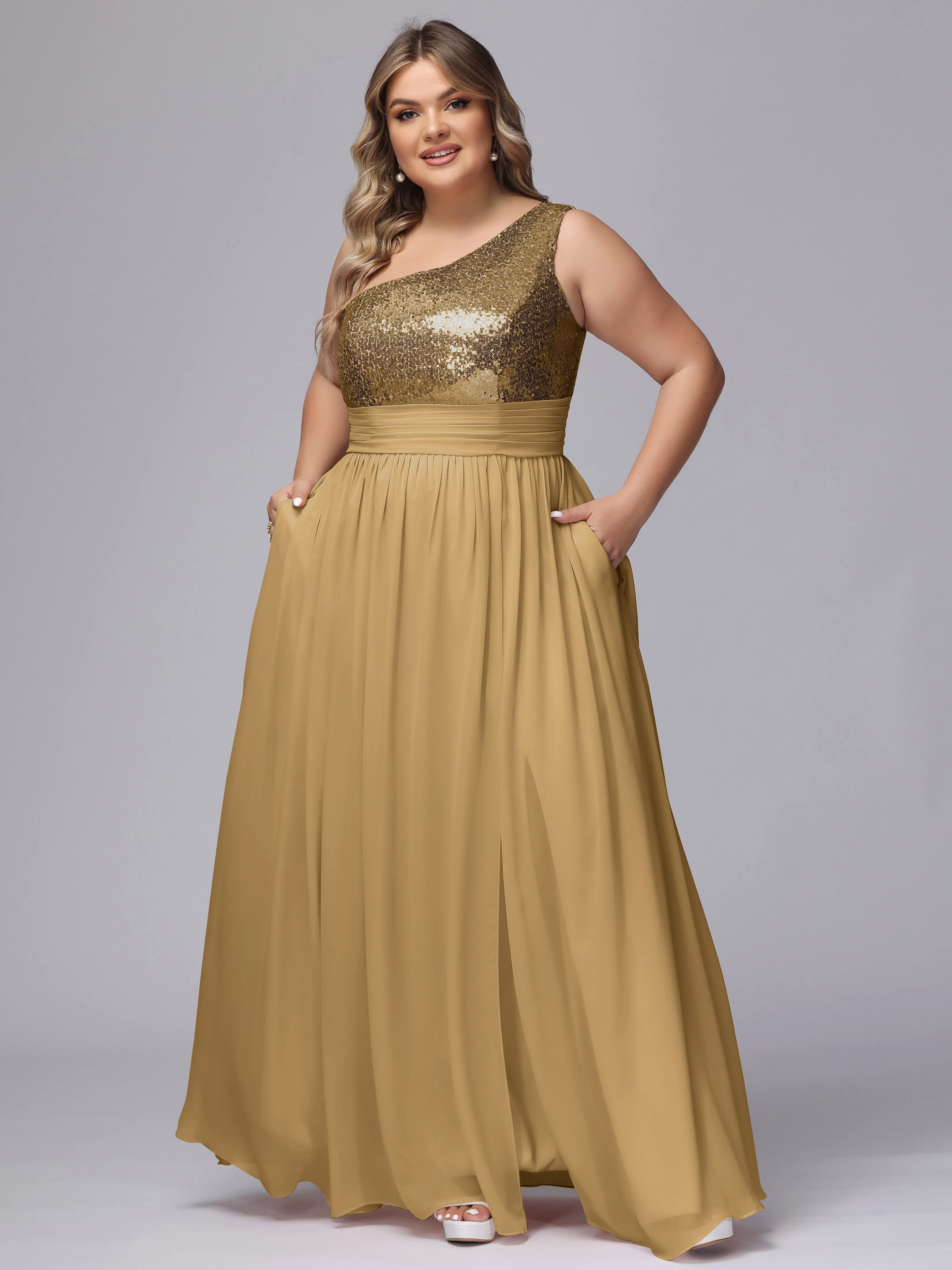 One-Shoulder Sequins Plus Size Bridesmaid Dress with Pockets