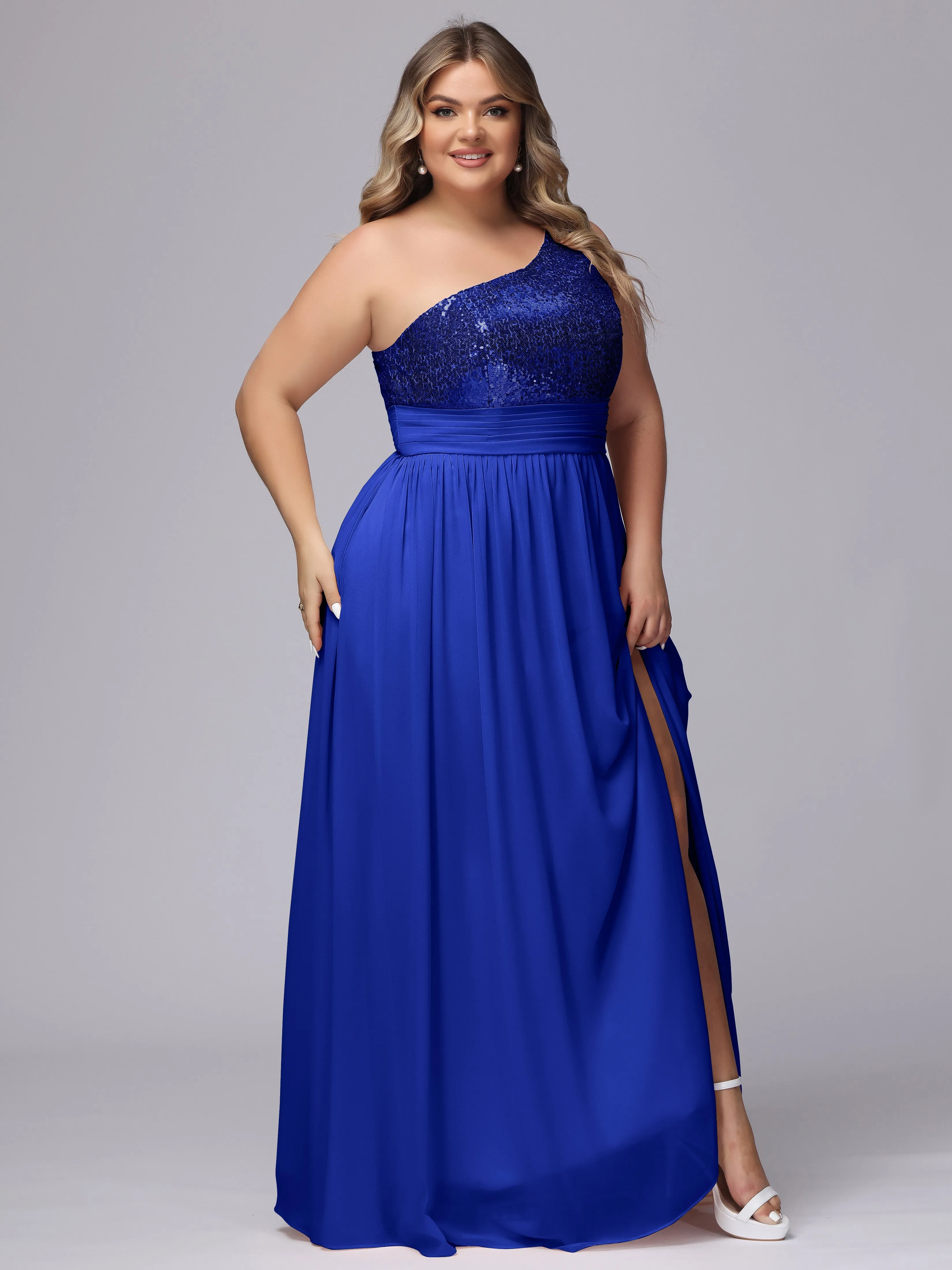 One-Shoulder Sequins Plus Size Bridesmaid Dress with Pockets