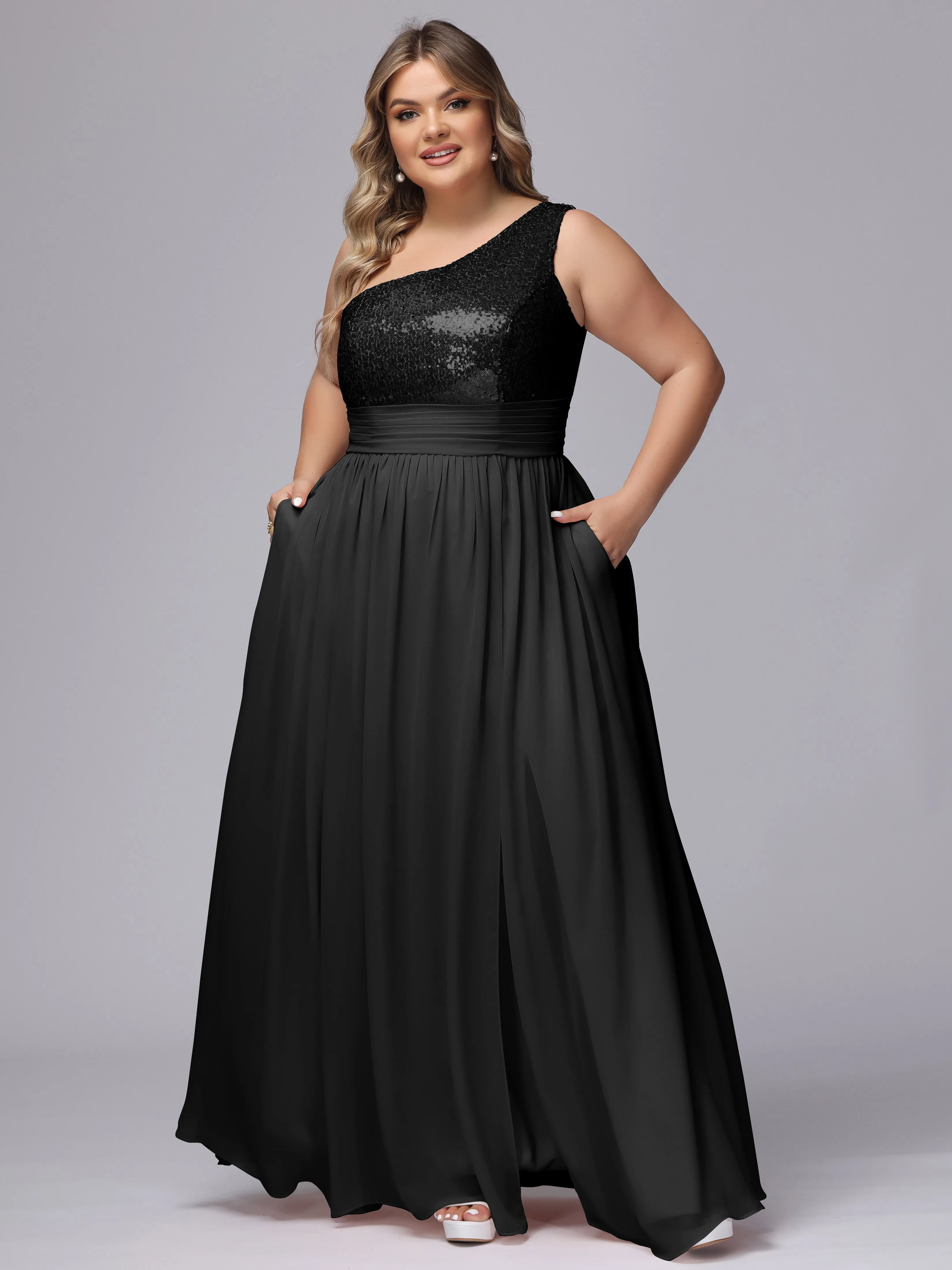 One-Shoulder Sequins Plus Size Bridesmaid Dress with Pockets