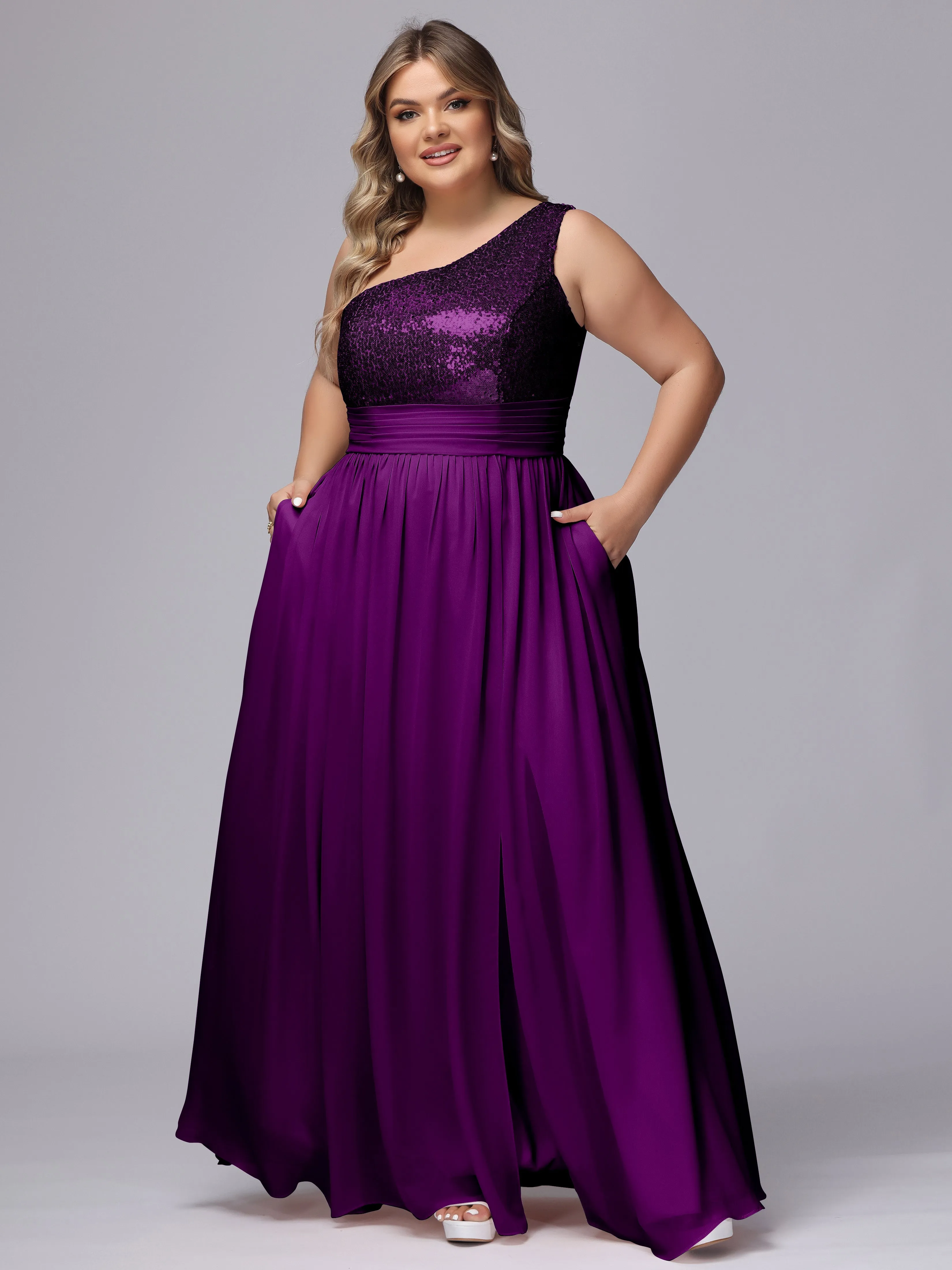 One-Shoulder Sequins Plus Size Bridesmaid Dress with Pockets