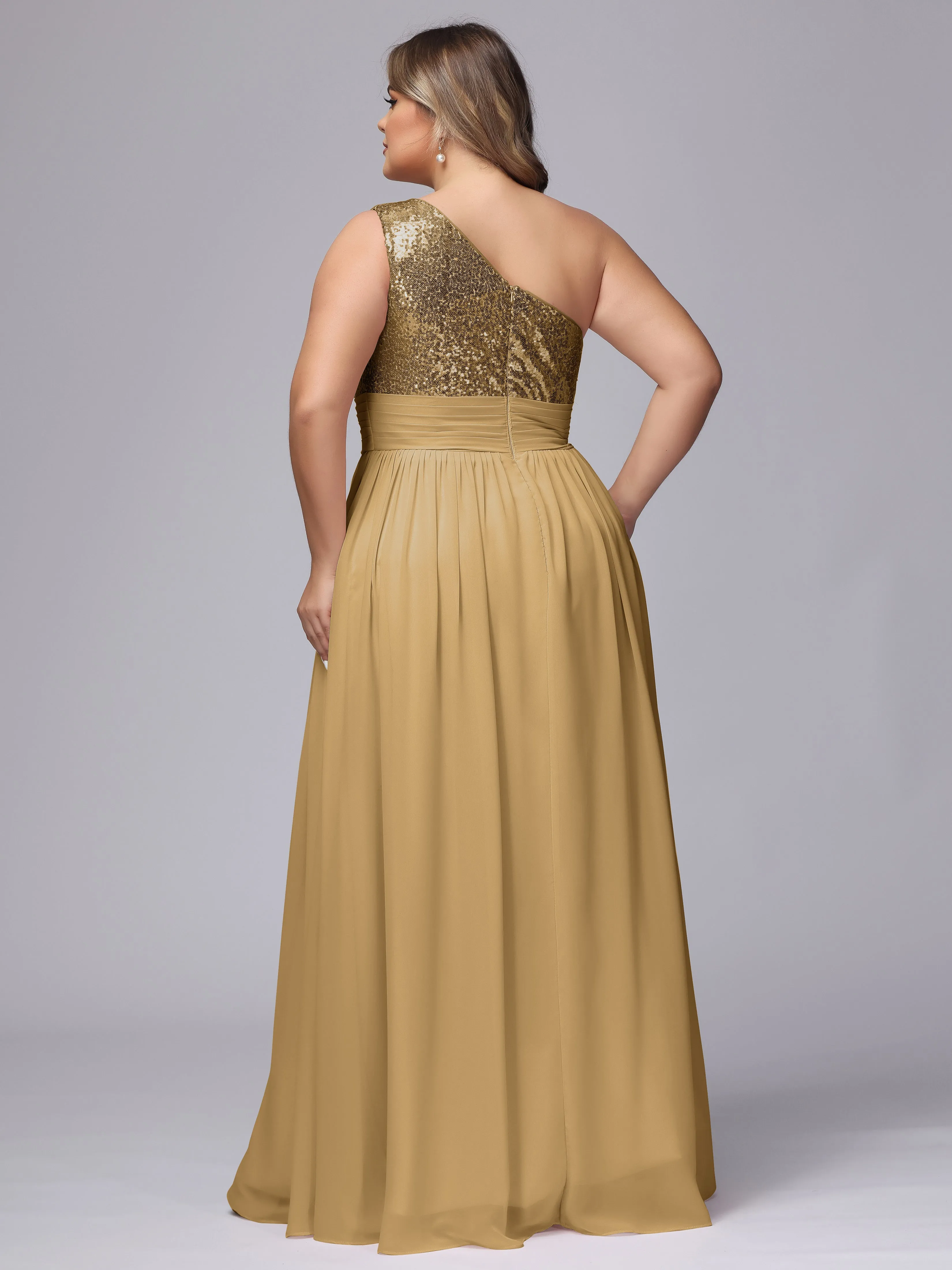 One-Shoulder Sequins Plus Size Bridesmaid Dress with Pockets