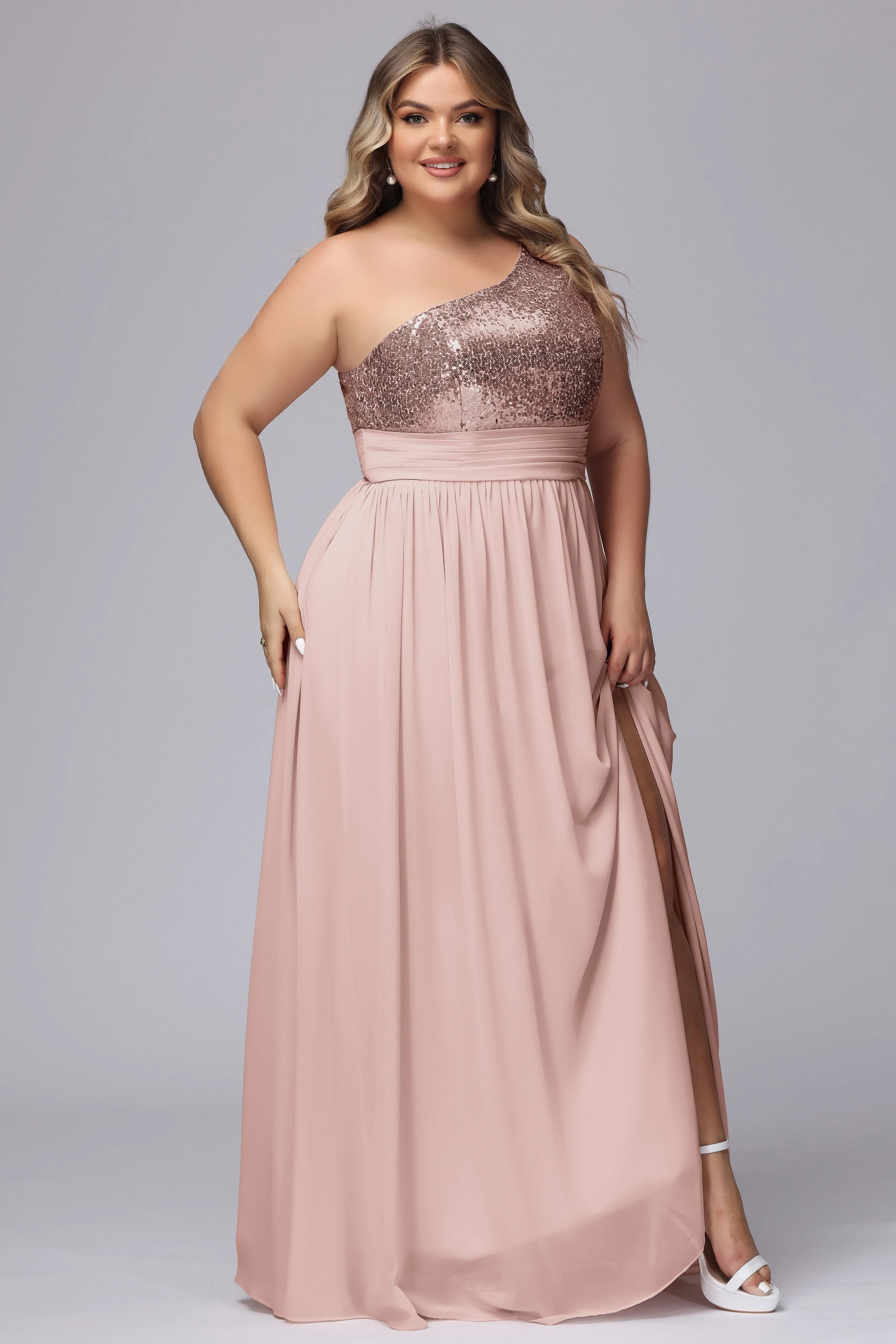 One-Shoulder Sequins Plus Size Bridesmaid Dress with Pockets