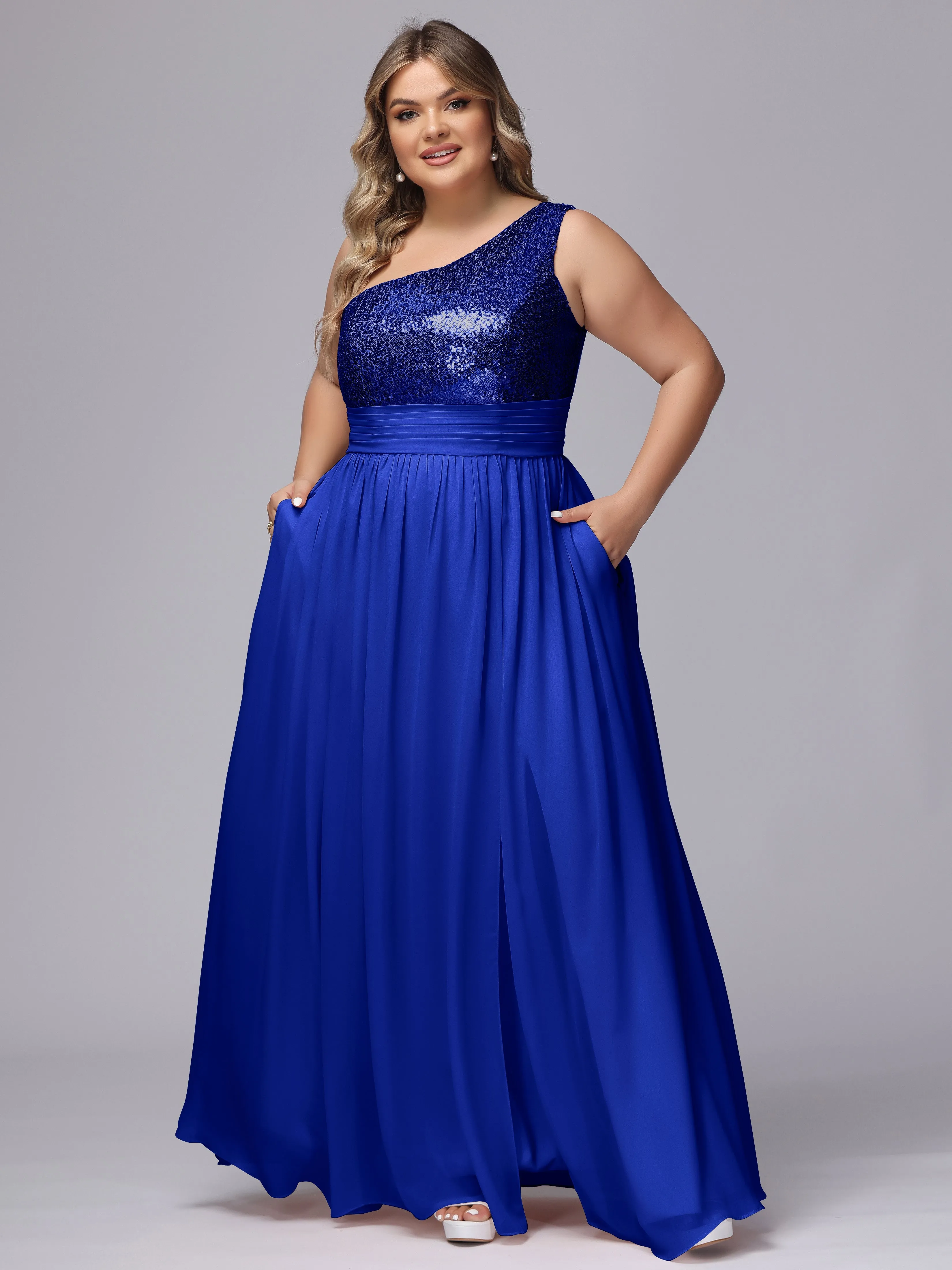One-Shoulder Sequins Plus Size Bridesmaid Dress with Pockets