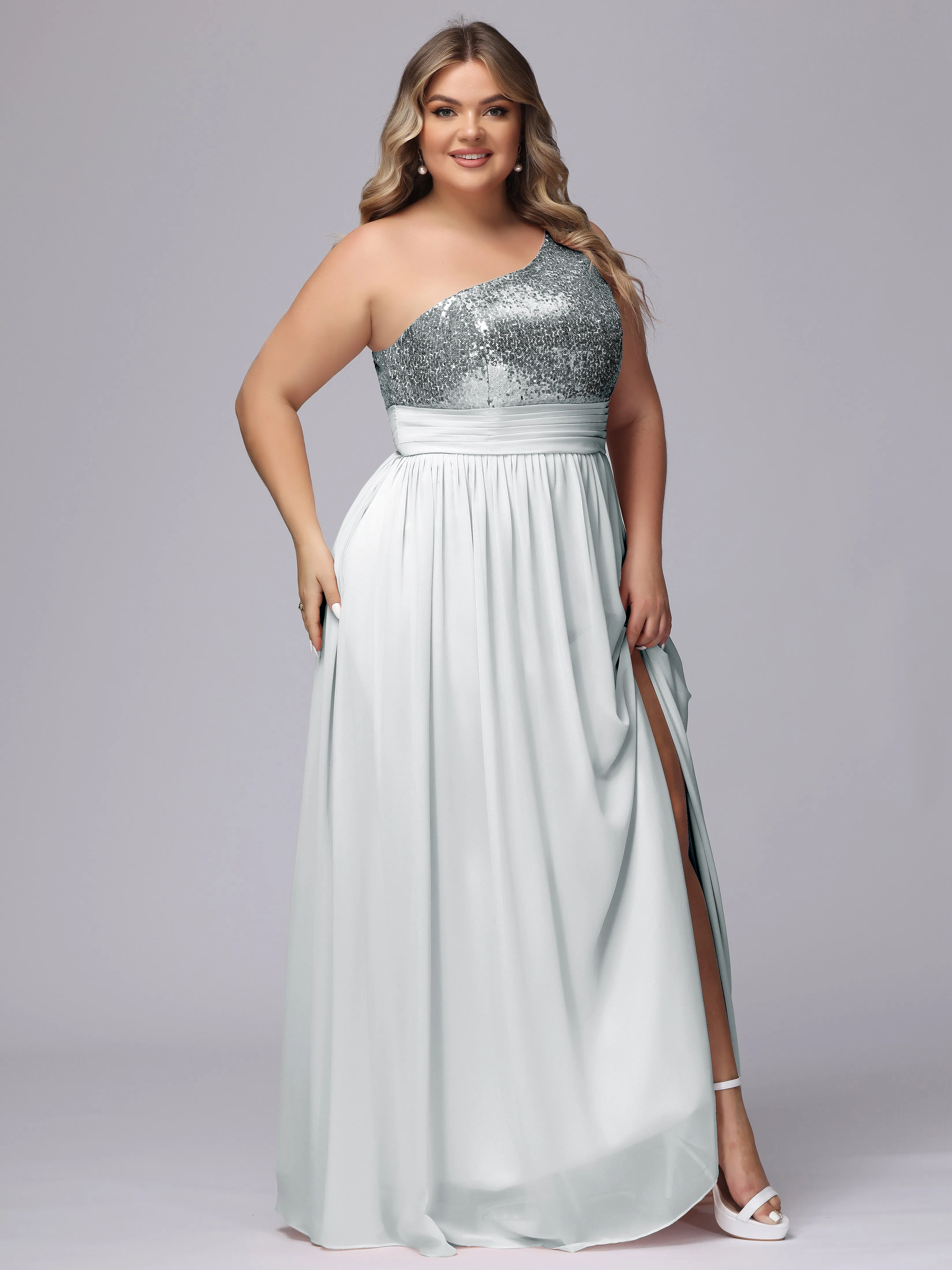 One-Shoulder Sequins Plus Size Bridesmaid Dress with Pockets