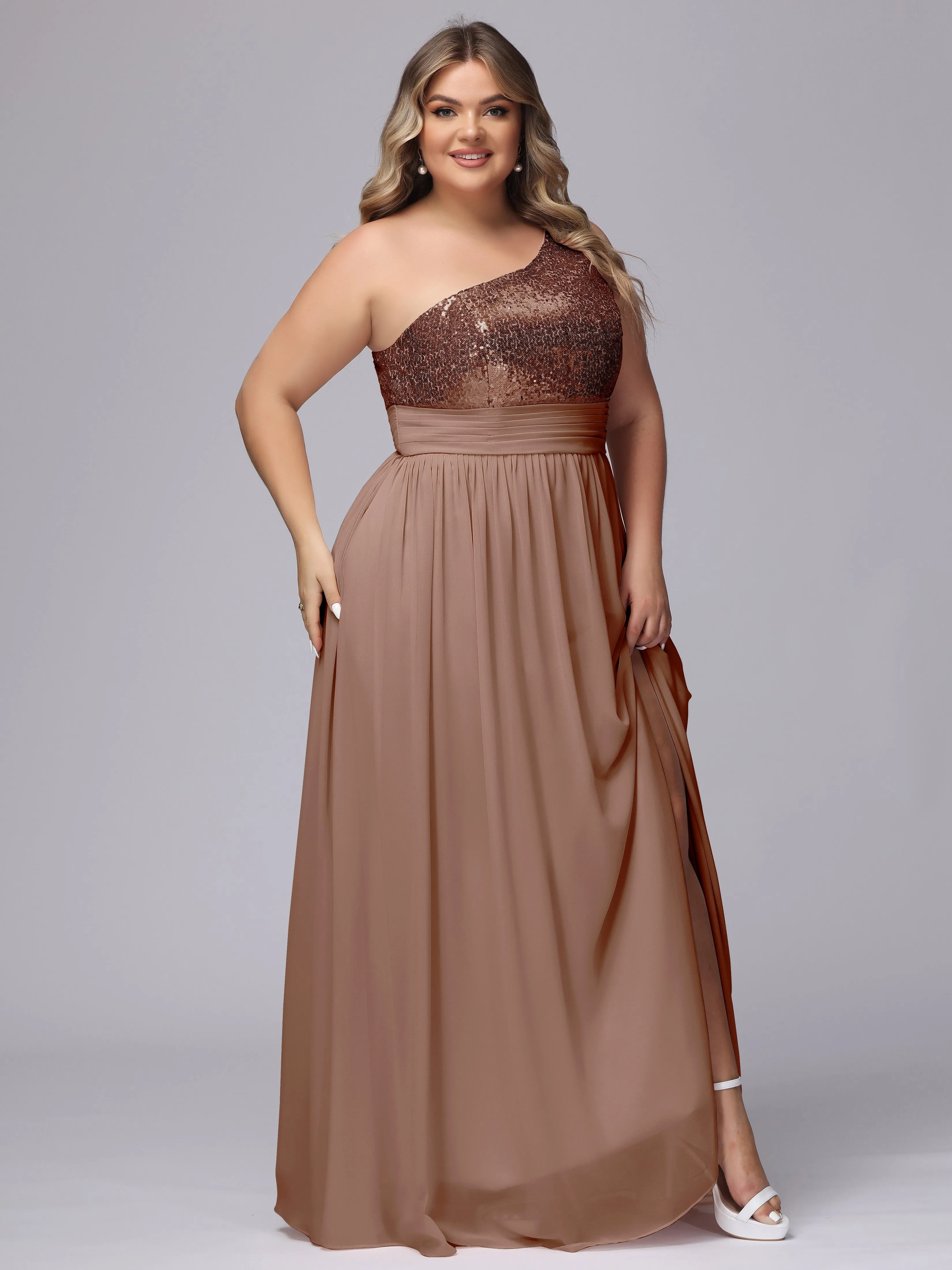 One-Shoulder Sequins Plus Size Bridesmaid Dress with Pockets
