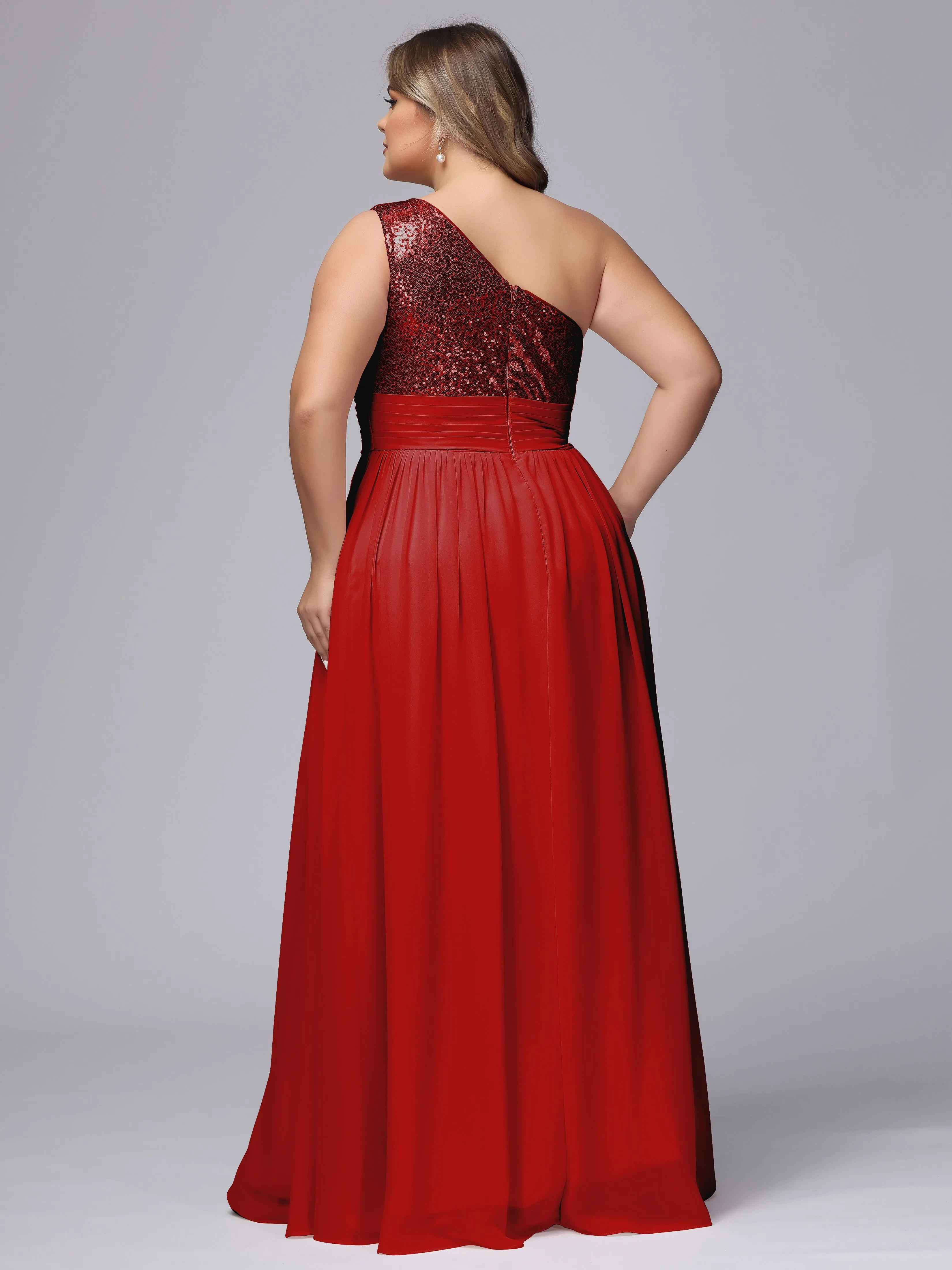One-Shoulder Sequins Plus Size Bridesmaid Dress with Pockets