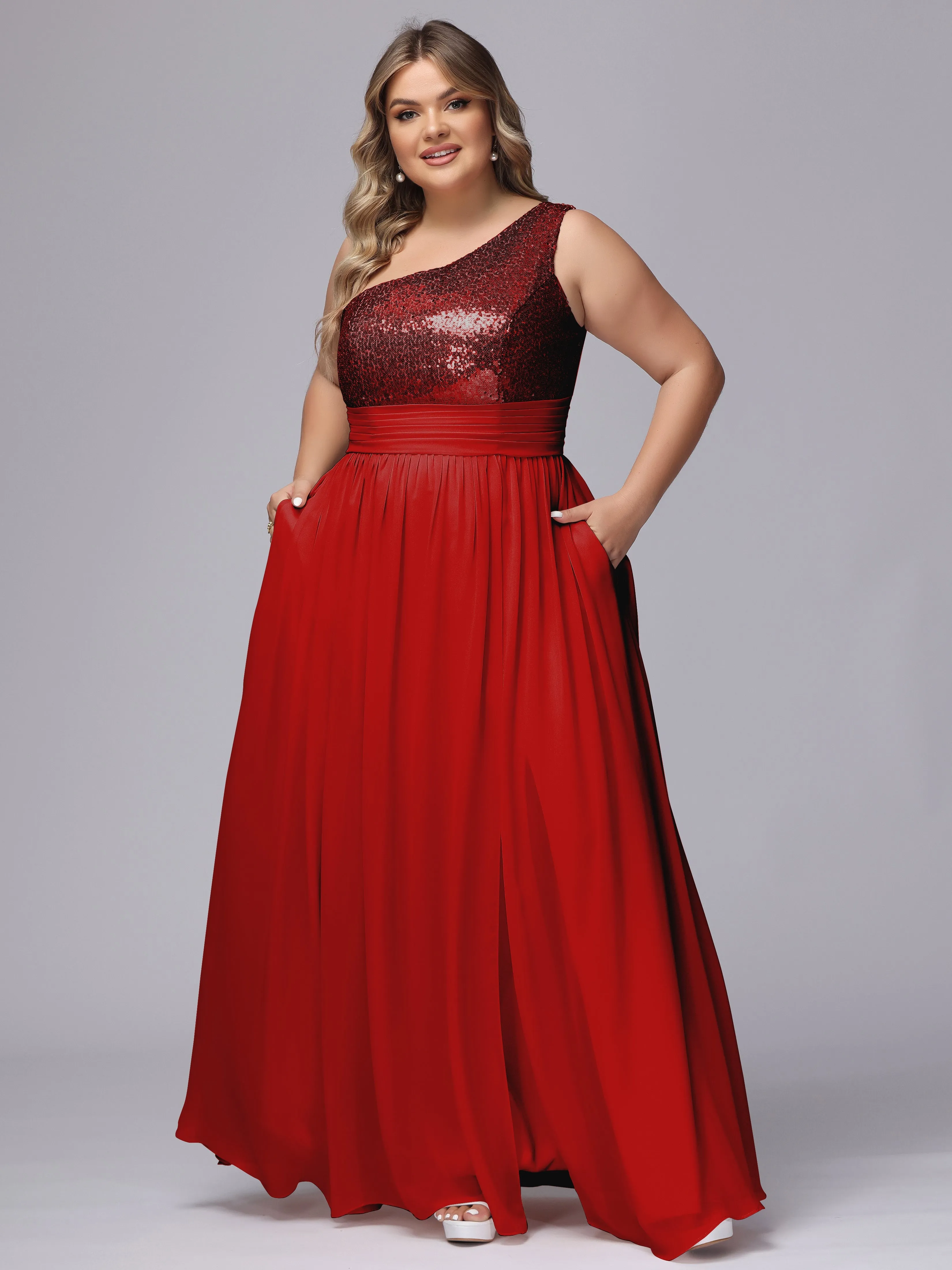 One-Shoulder Sequins Plus Size Bridesmaid Dress with Pockets